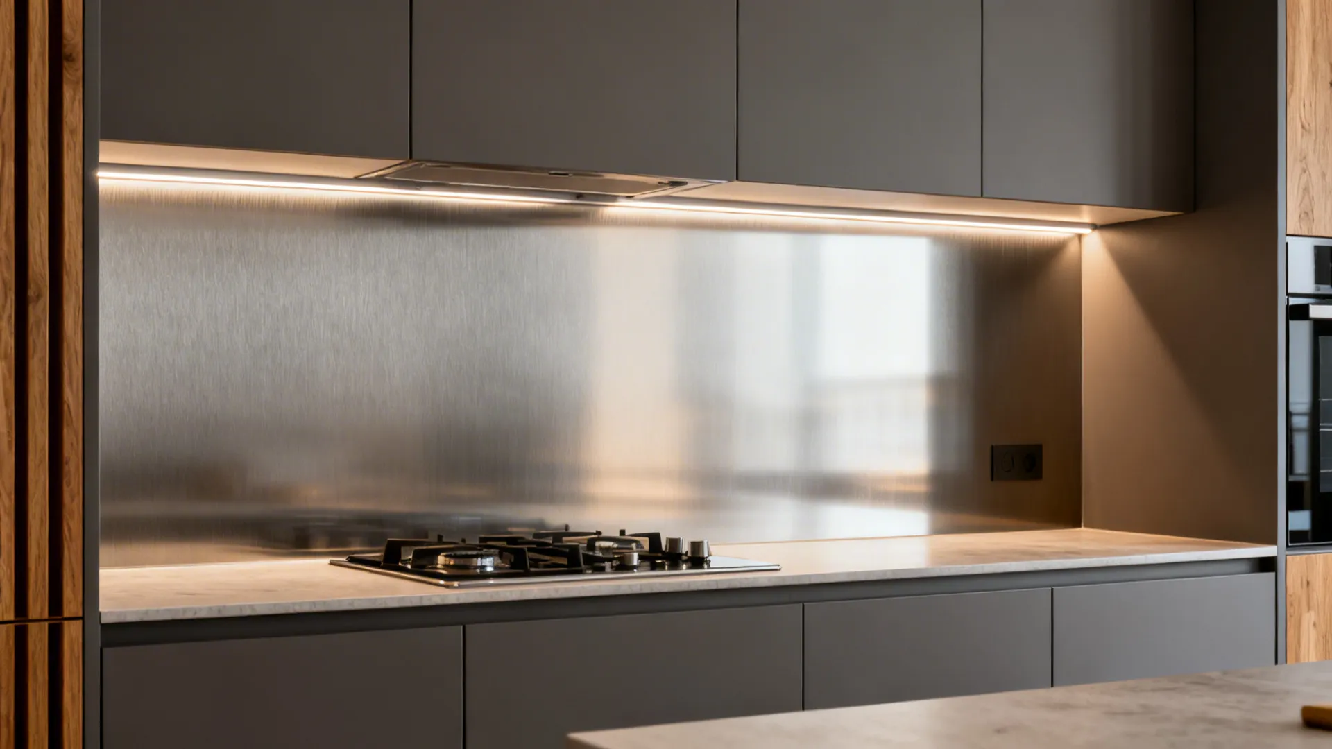 Brushed stainless backsplash reflecting warm task light onto a compact countertop.