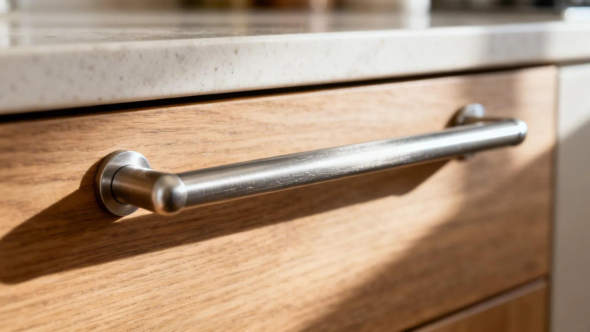 Macro view of a brushed stainless steel bar pull on a wood drawer front.