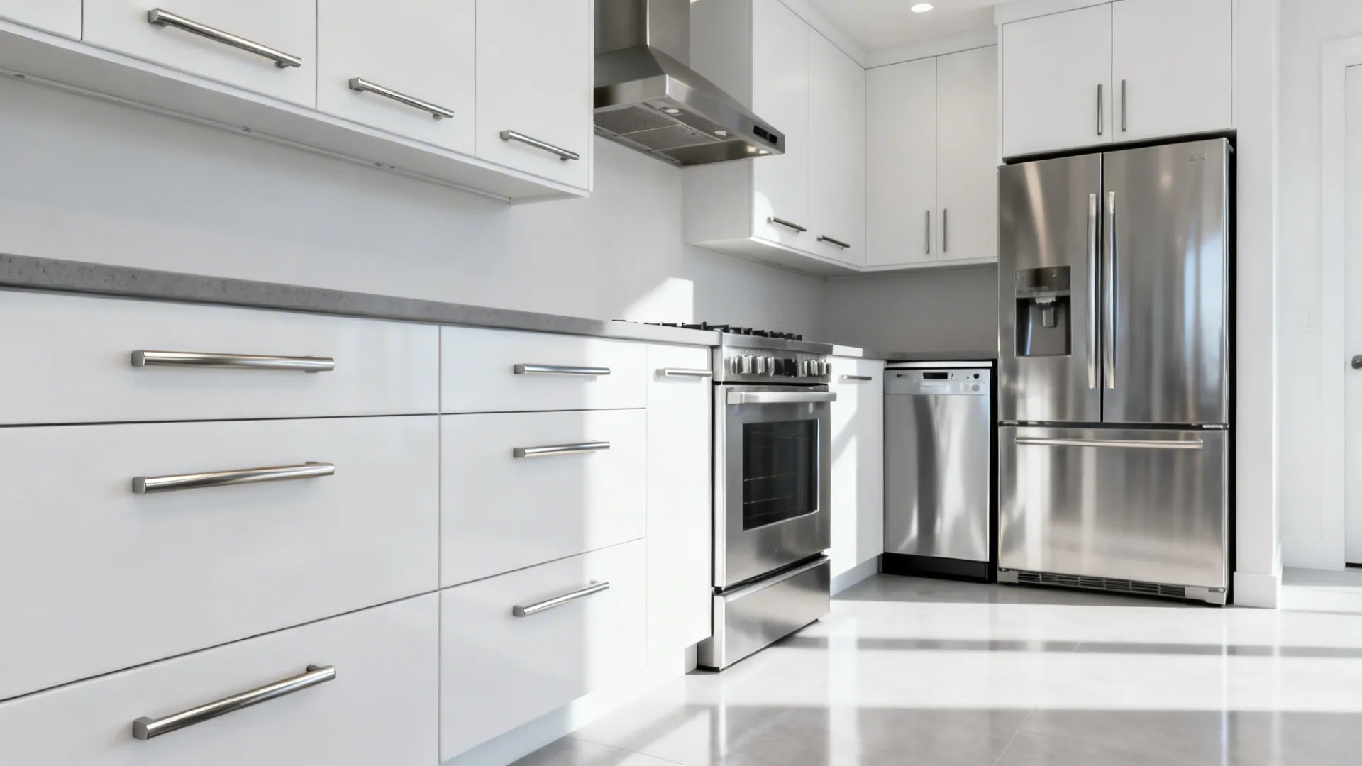 White cabinets with brushed stainless bar pulls aligned with stainless appliances.
