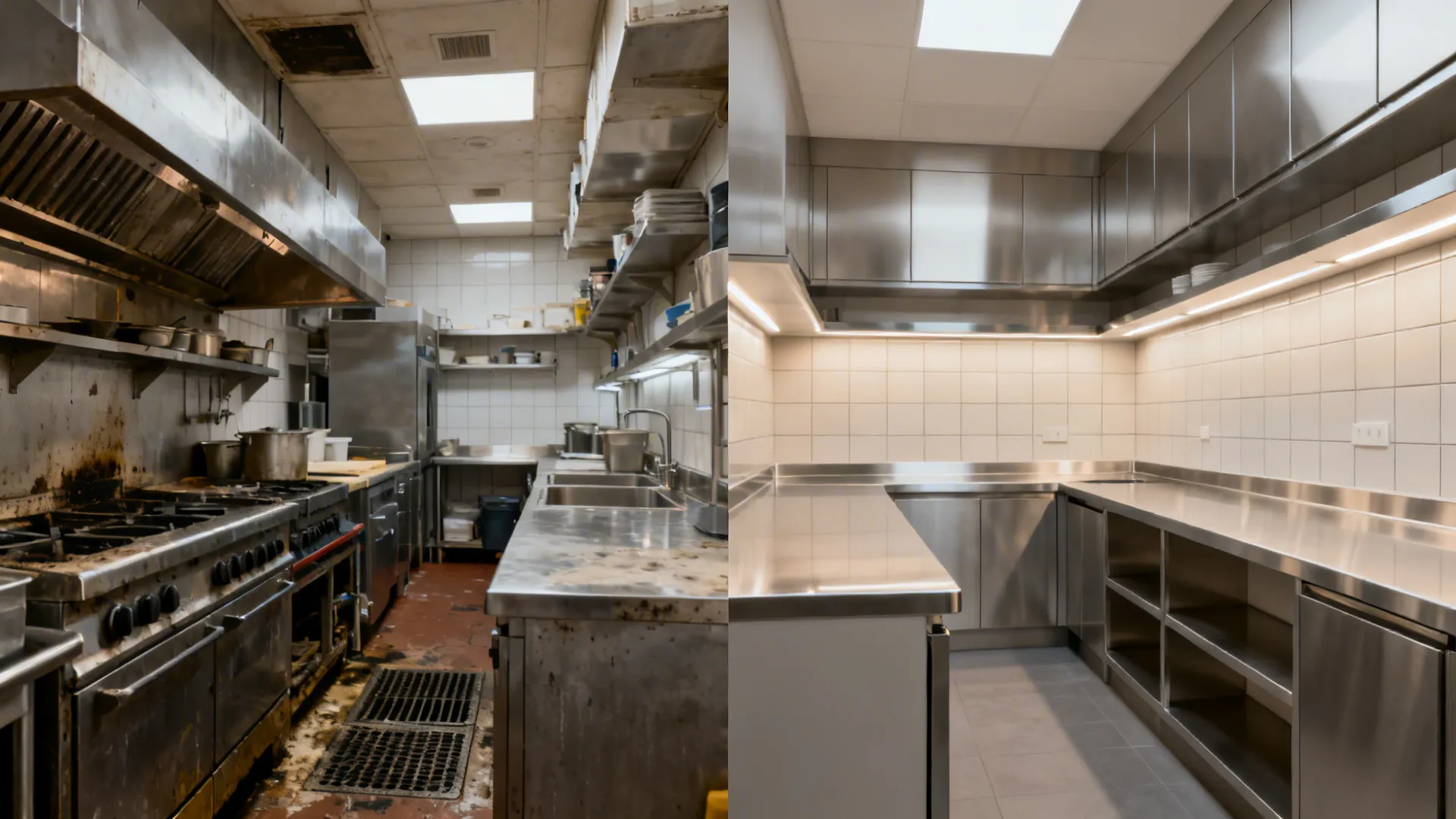 Before and after of a small kitchen transformed to minimal stainless with clean lines and bright lighting.