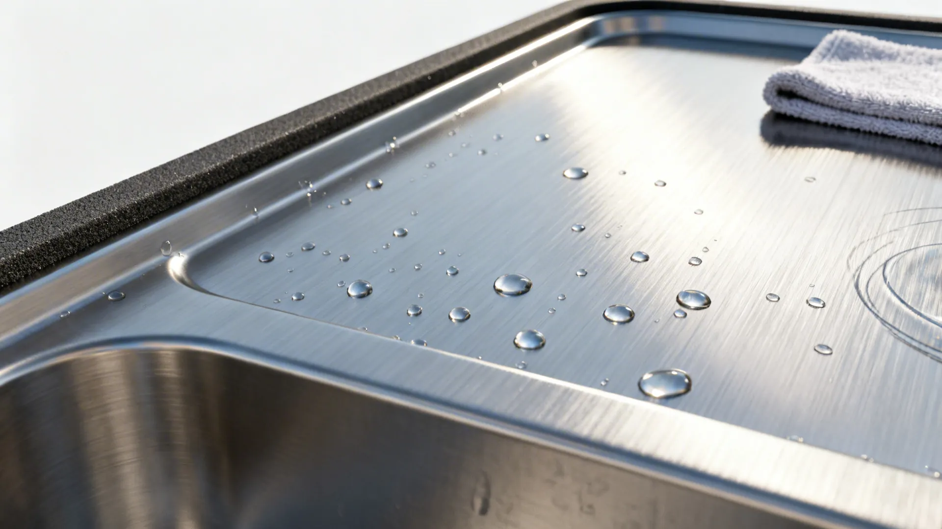 Macro of brushed stainless sink surface with fine grain and water beads under soft daylight.