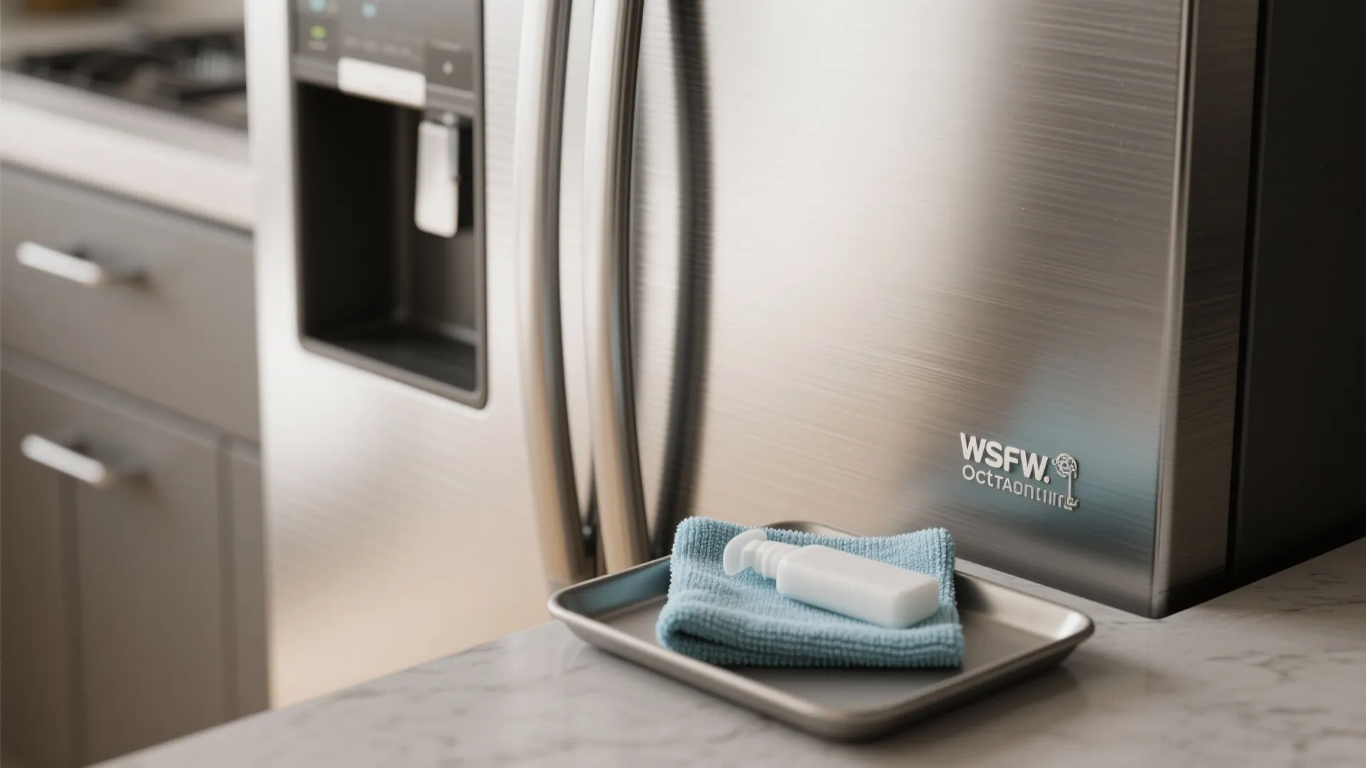 Microfiber cloth and cleaner on a tray beside a stainless fridge door for appliance care.
