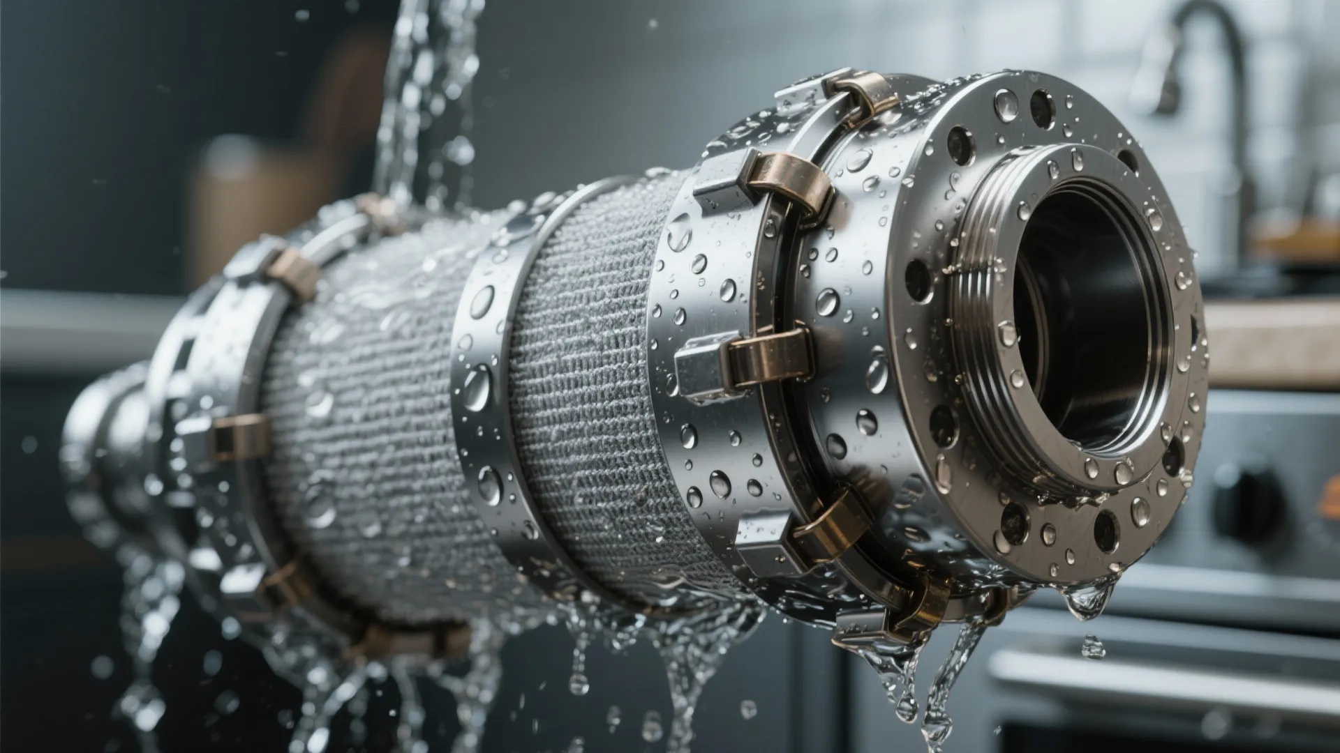 Stainless steel water filter cartridge covered in water droplets with blurry kitchen sink and faucet