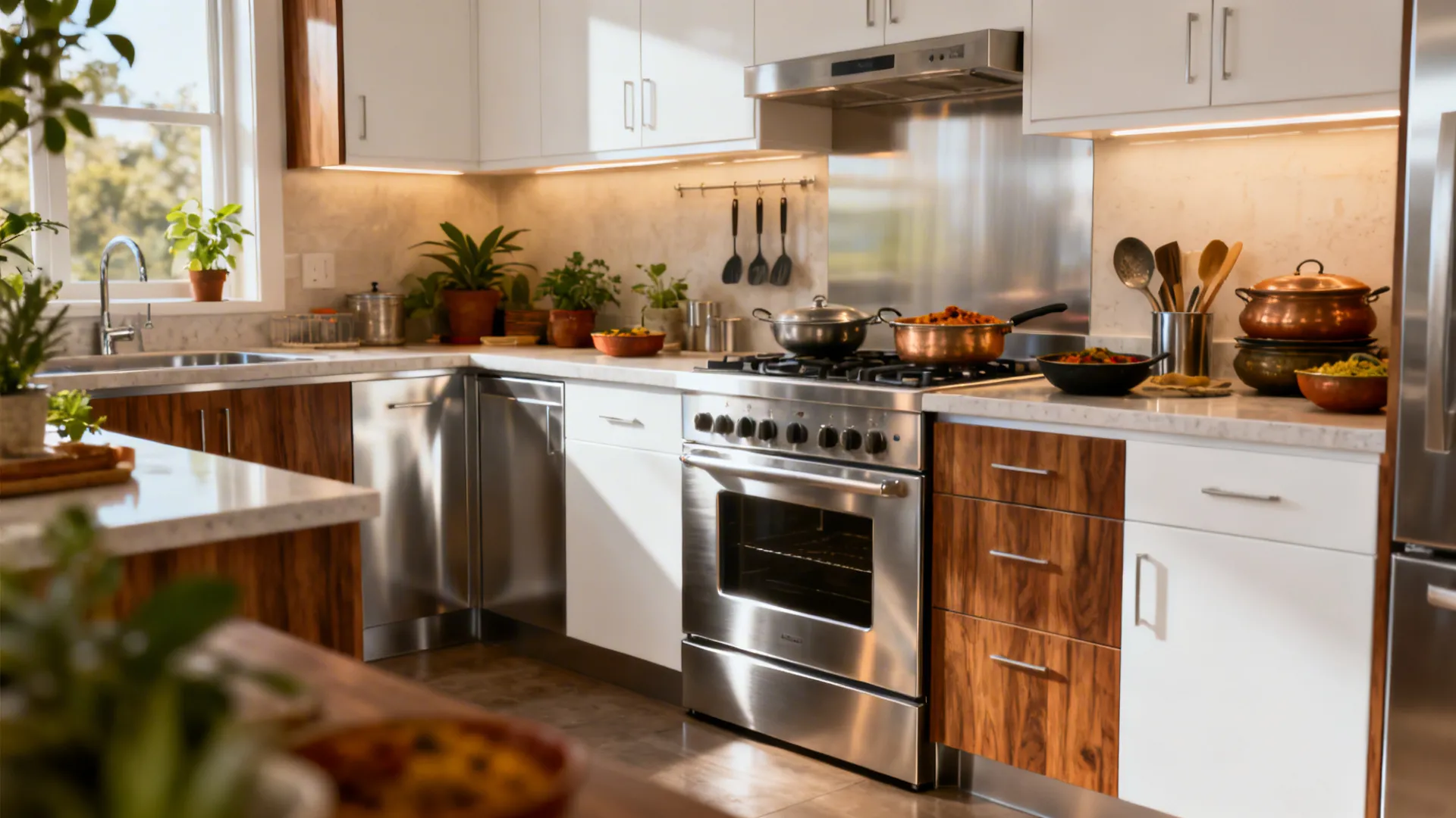 Premium compact kitchen with stainless carcasses balanced by warm finishes and plants.