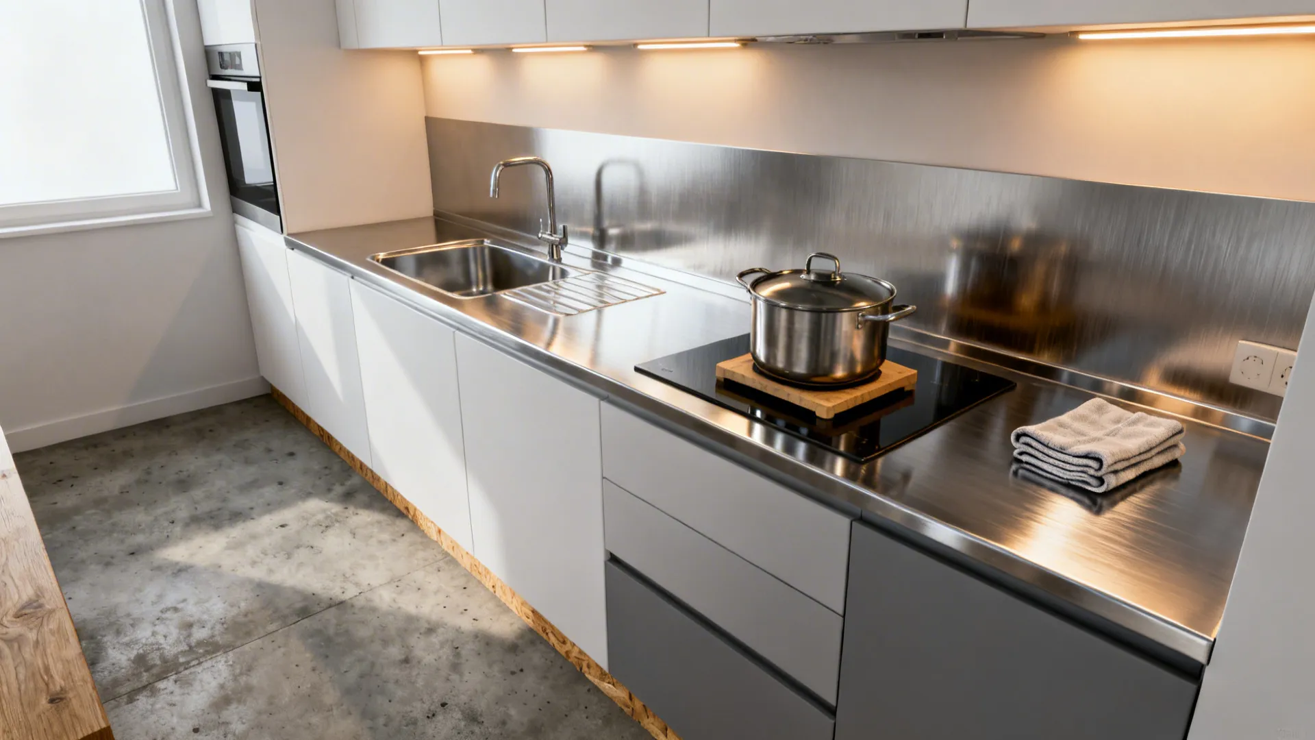 Small kitchen with brushed stainless steel countertop and integrated sink.