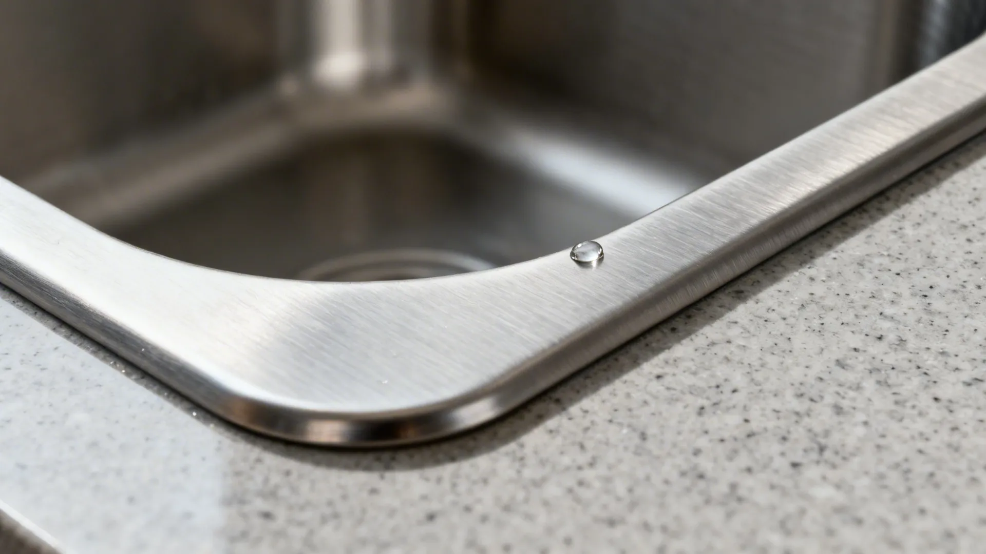 Macro of a brushed stainless sink corner with tight radius and slim rim into quartz.