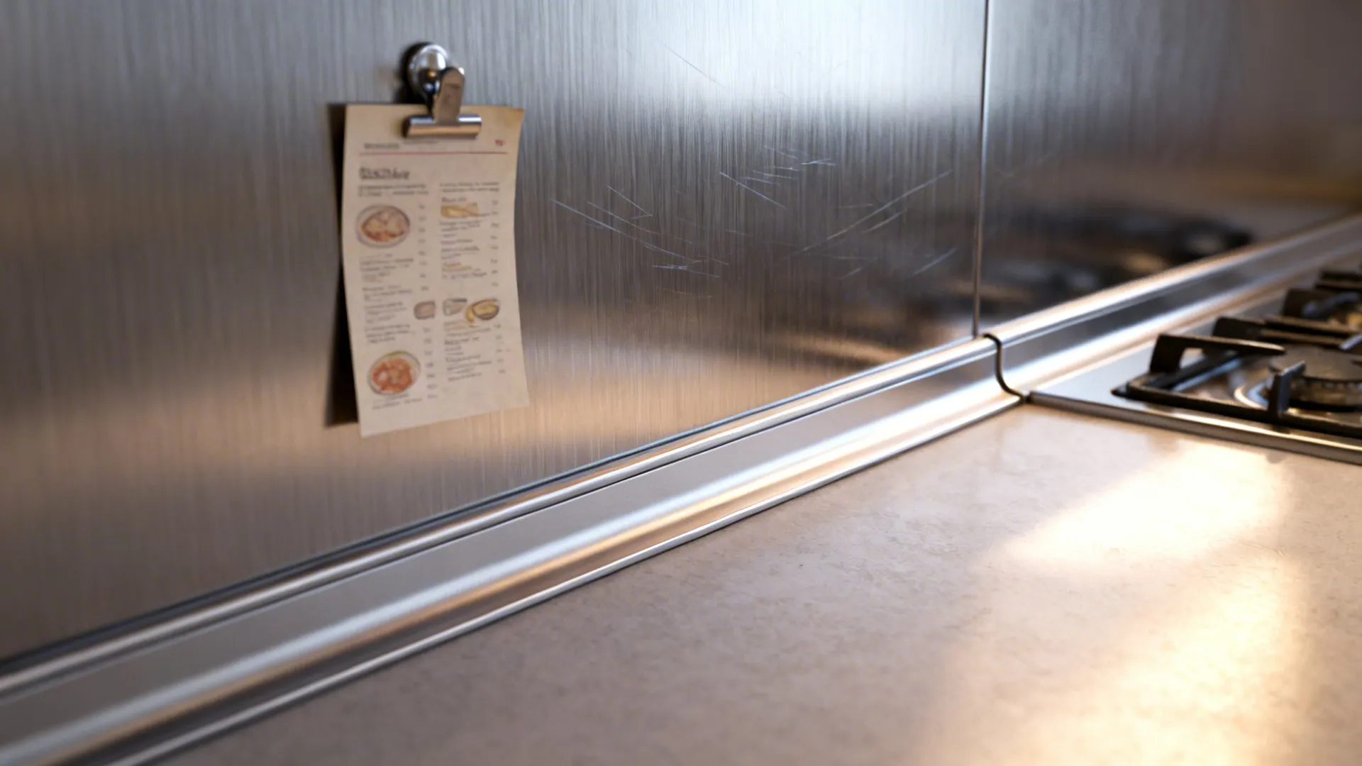 Macro of a brushed stainless backsplash with fine grain and clean J-profile edge near the stove.