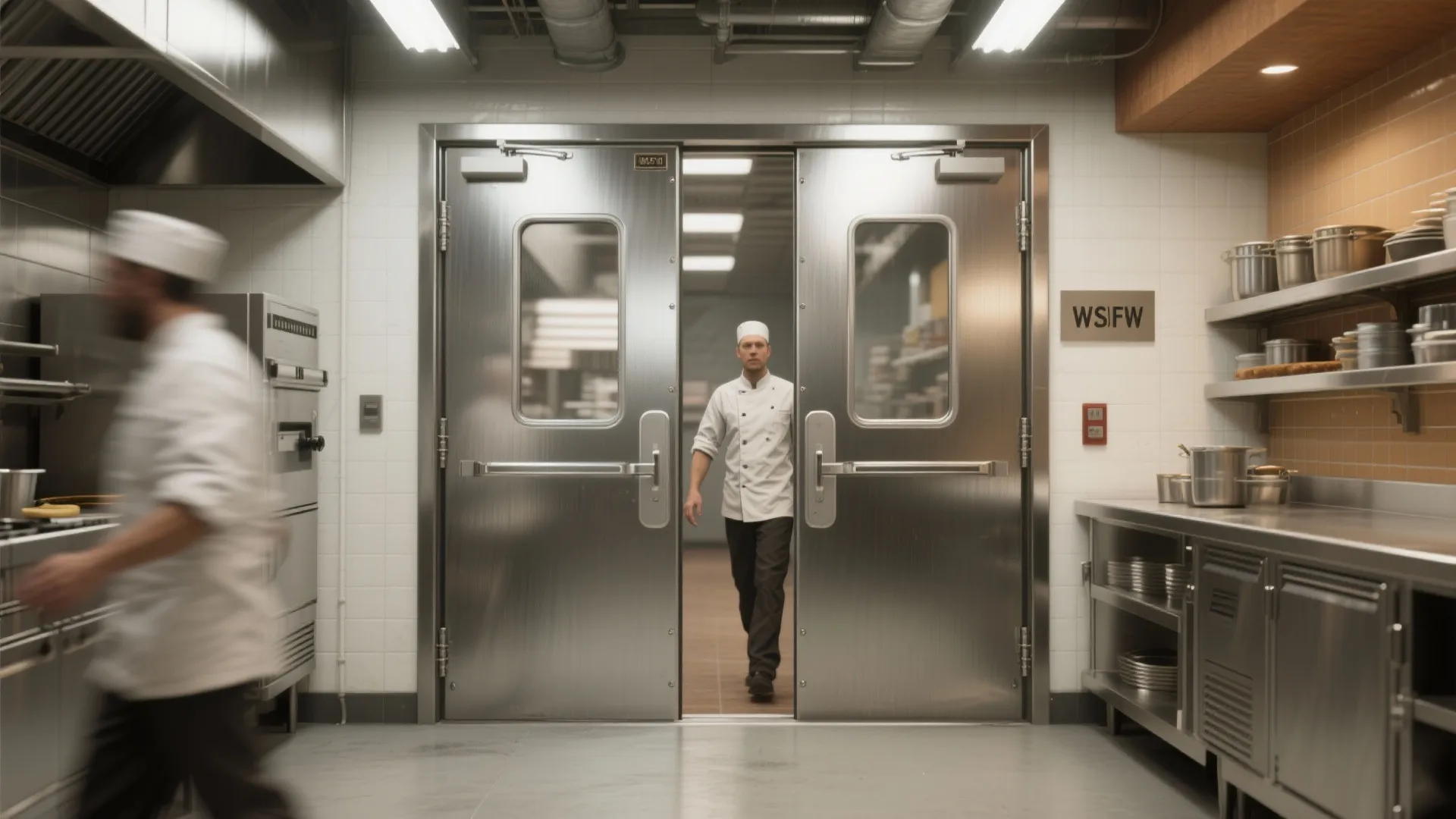 Commercial kitchen entrance with stainless steel double-action doors and chefs passing through.