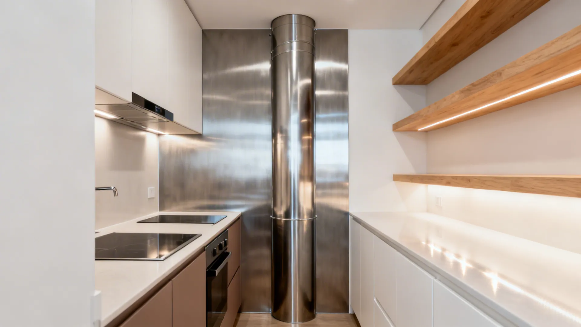 Modern kitchen with white cabinets wood shelves light fixture and large silver metal wall feature pipe