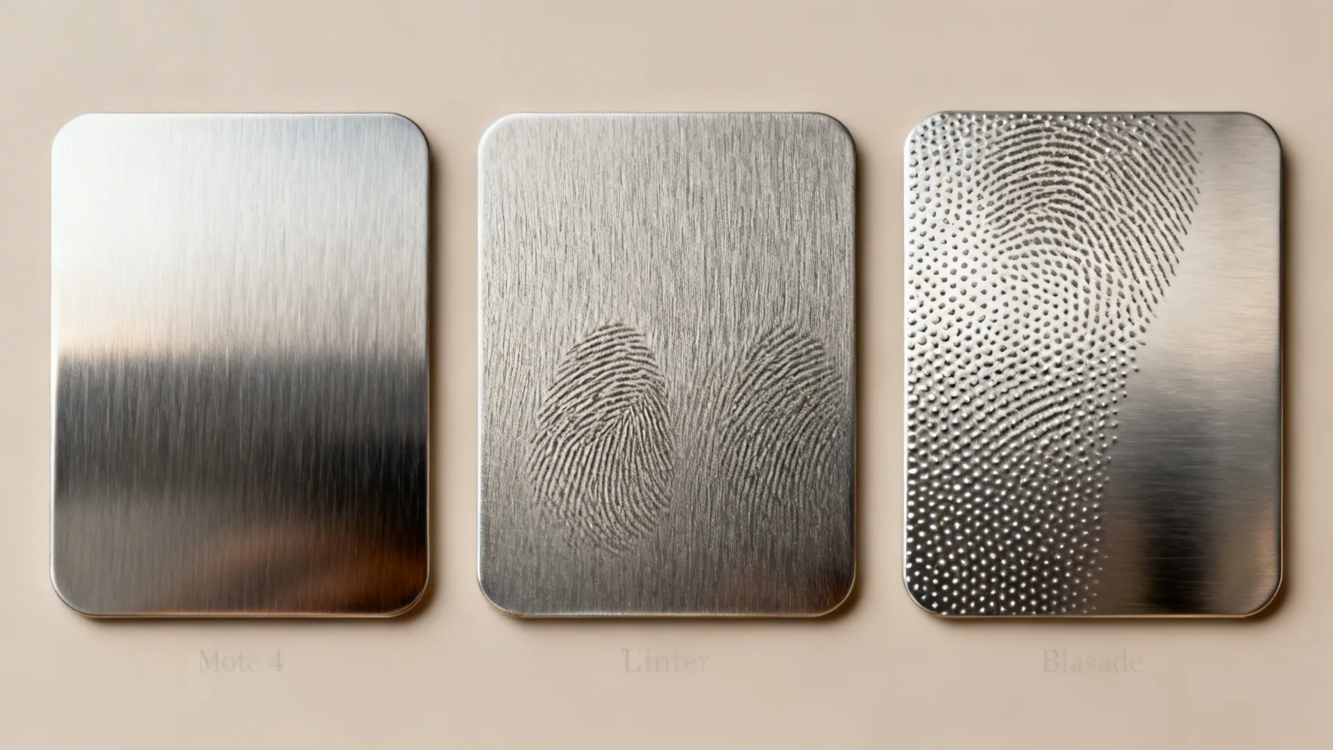 Macro view comparing brushed, linen, and bead-blasted stainless finishes under warm light.