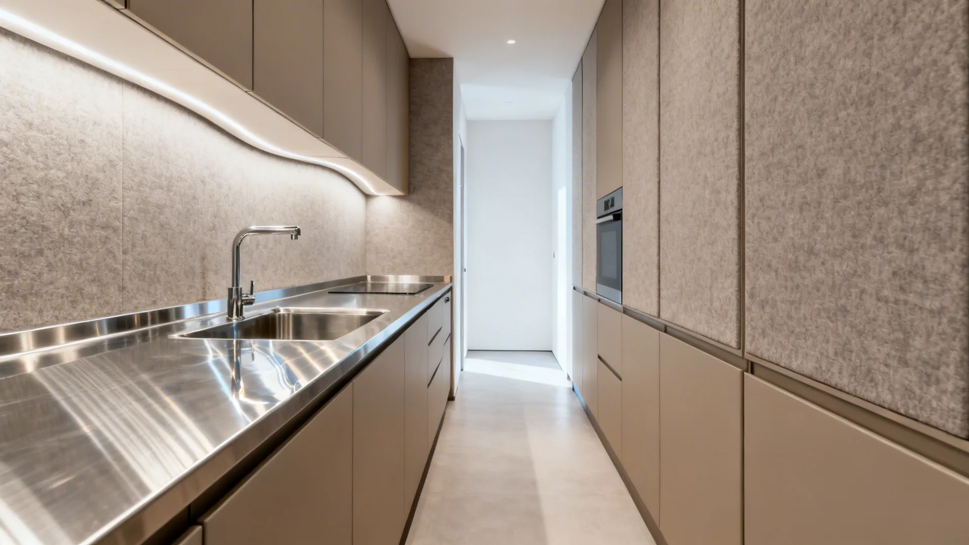 Narrow galley kitchen with brushed stainless counters and coved backsplash.