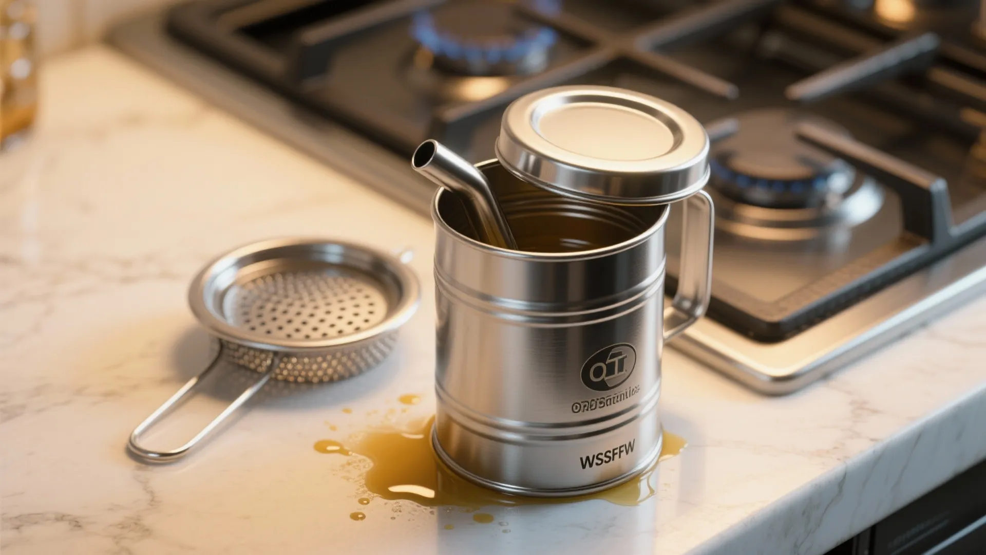 Stainless steel grease container with a lid and mesh strainer on a white marble kitchen countertop