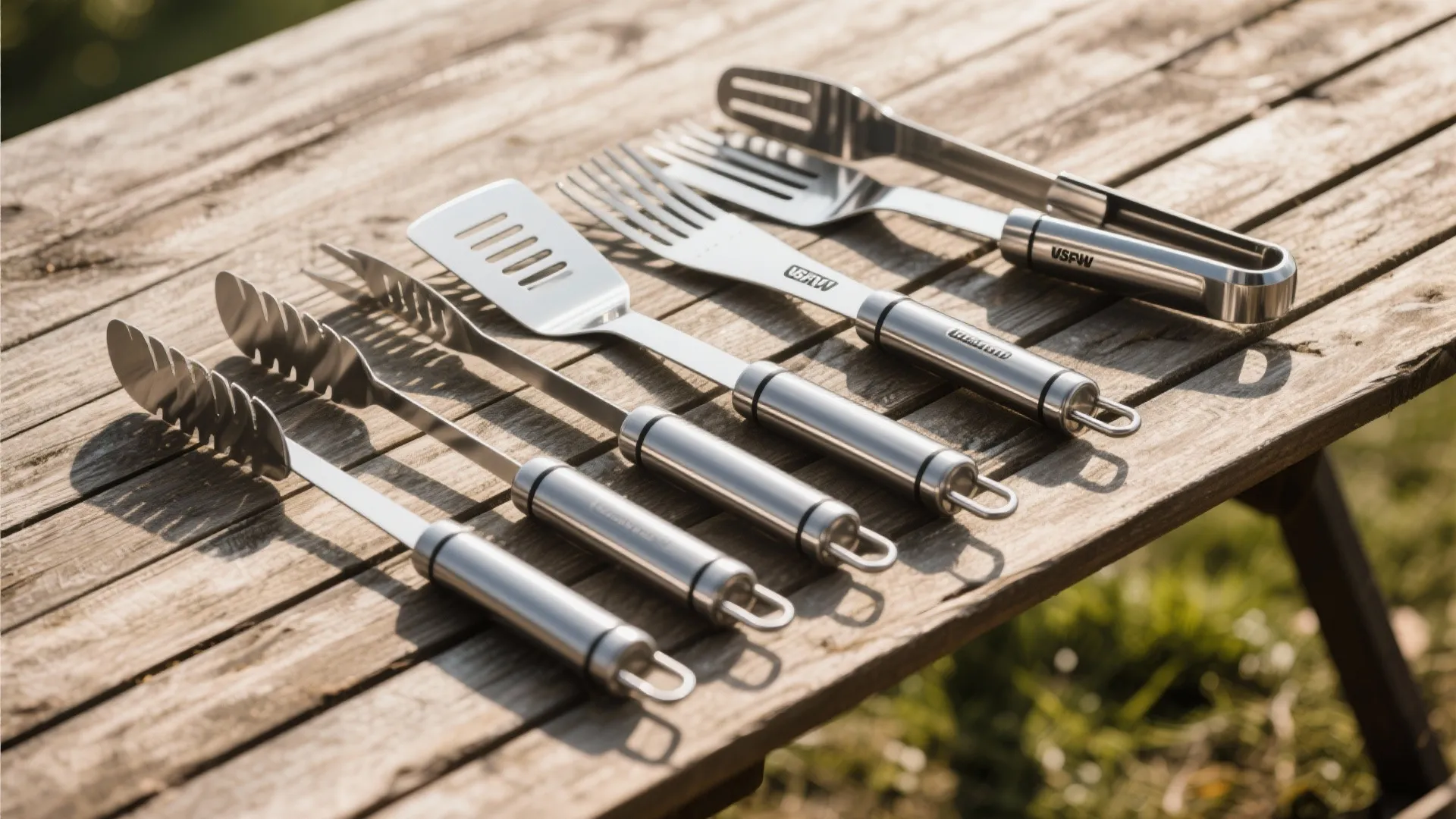 Stainless steel grill tool set with tongs and spatula resting on a rustic wooden table