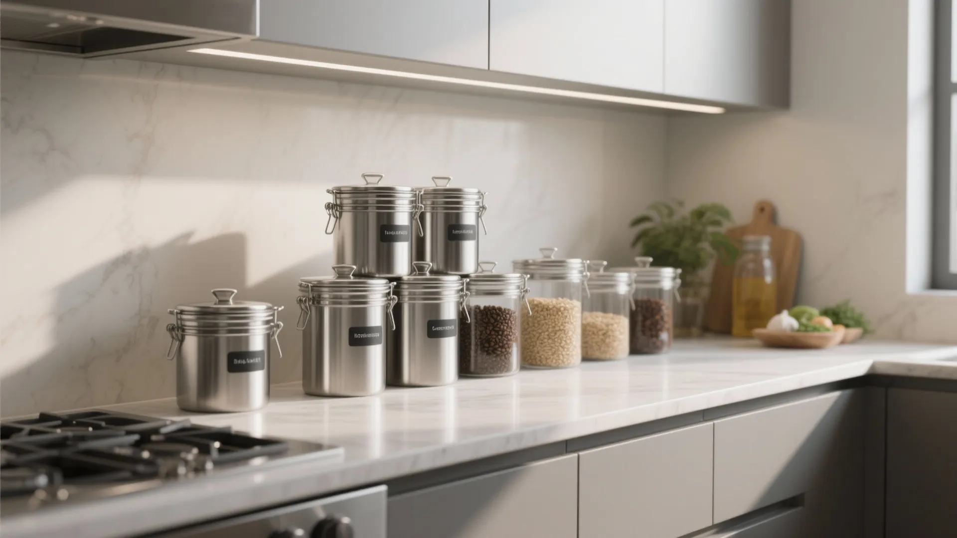 Modern kitchen with steel storage jars on white marble counter near a grey cabinet setup