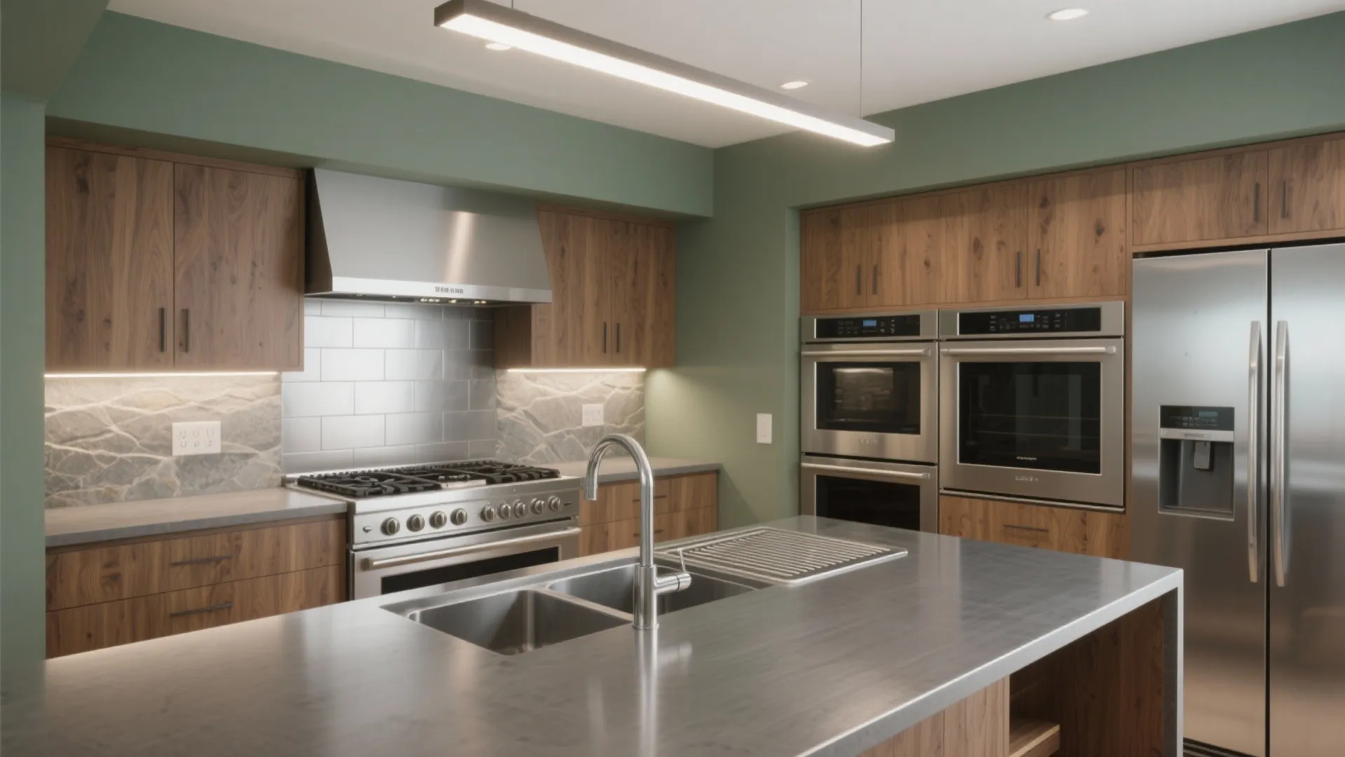 Modern kitchen with wood cabinets green walls stainless steel stove built in oven and island sink