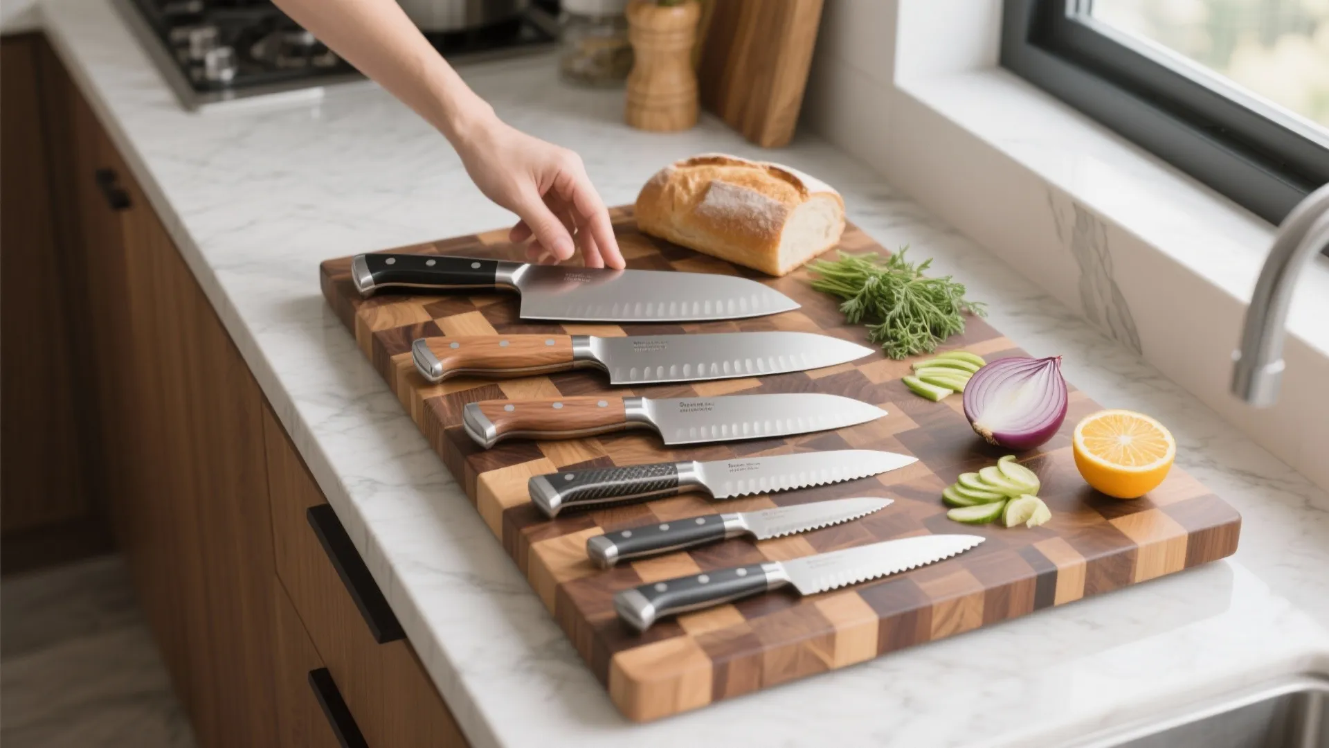 Modern kitchen scene with professional knives on wooden board bread onion and fresh sliced vegetables