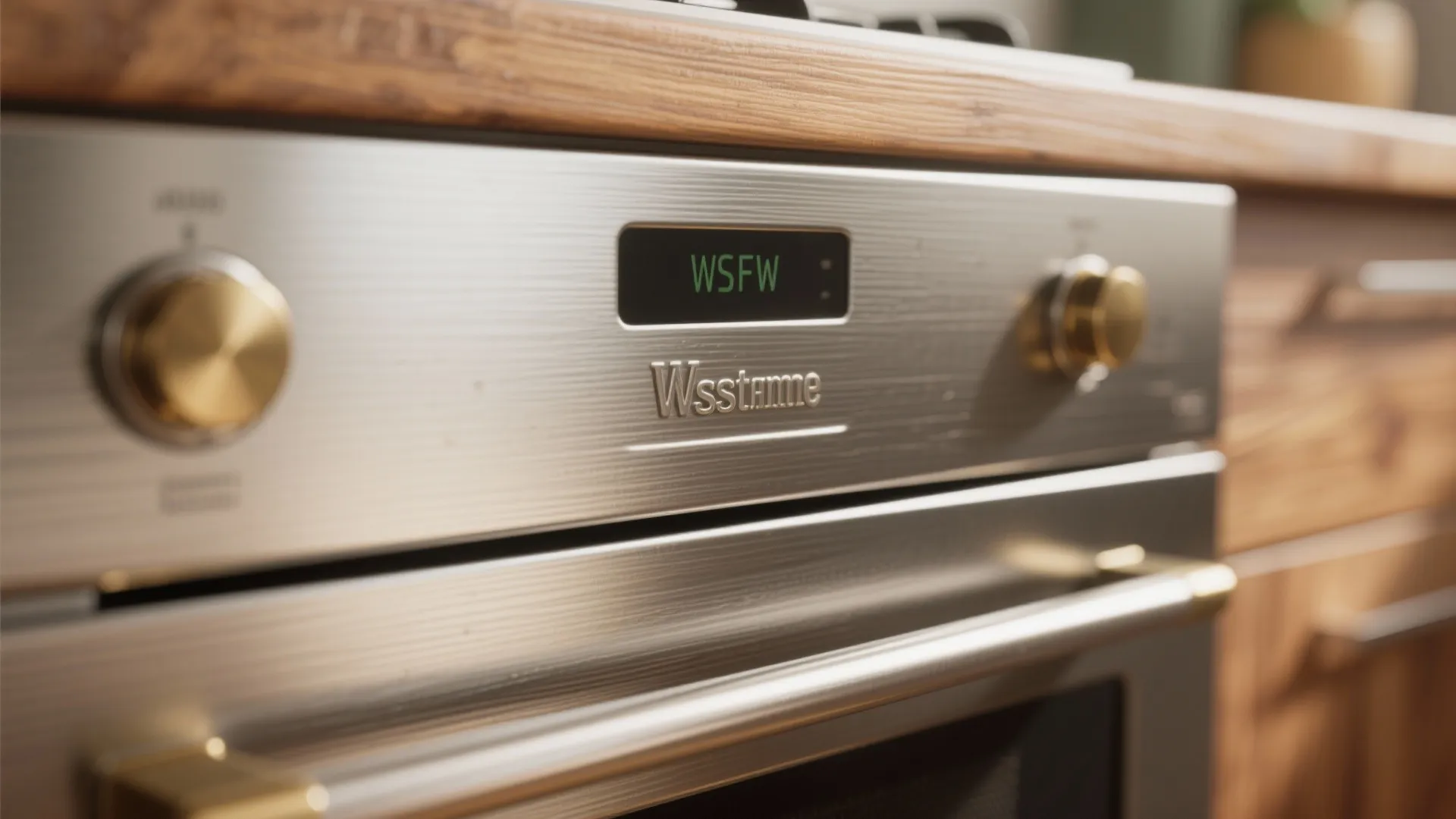 Close up of a stainless steel oven control panel with gold knobs and digital display