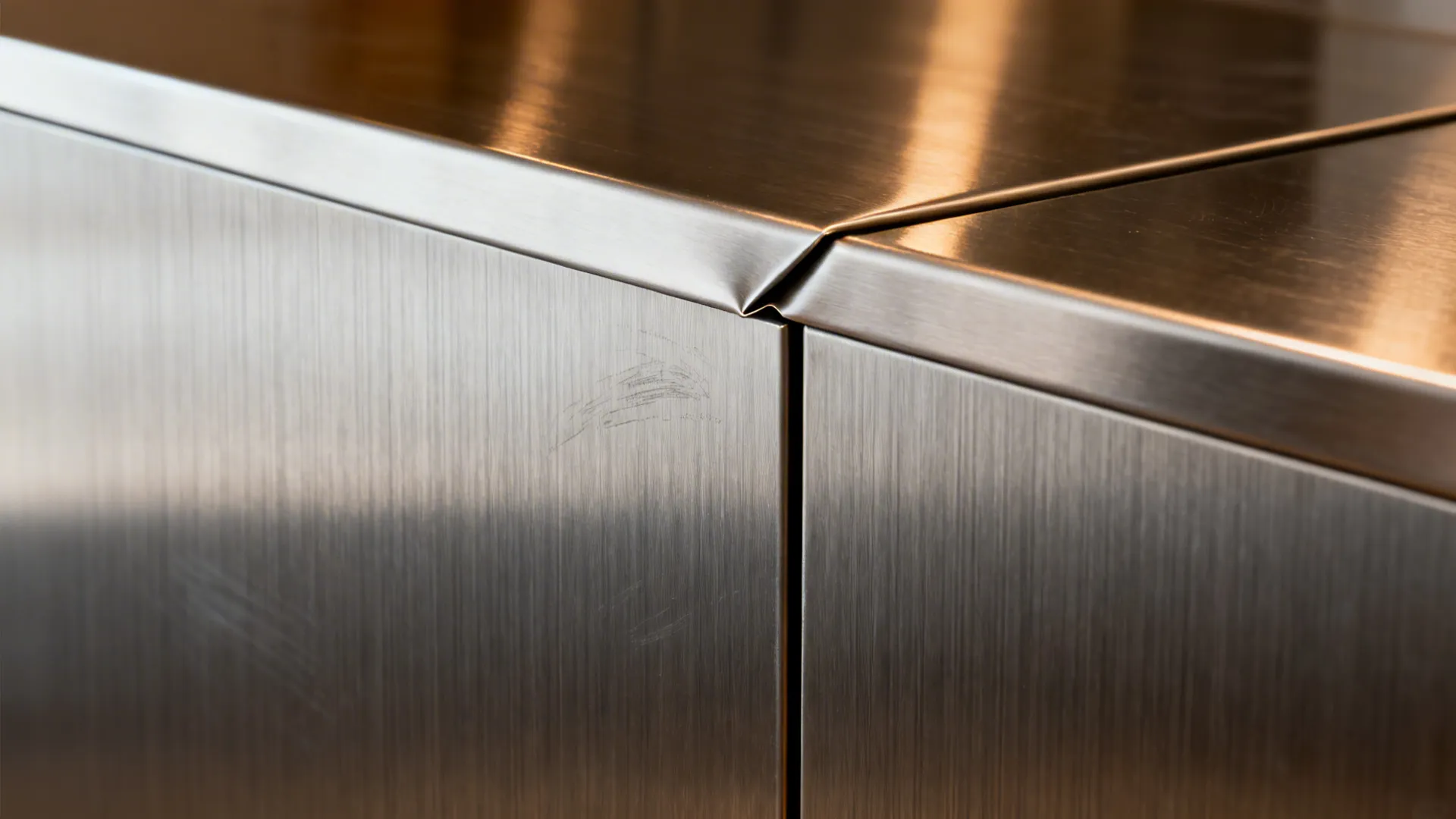 Close up of brushed stainless steel cabinet surface showing metal texture and small corner dent