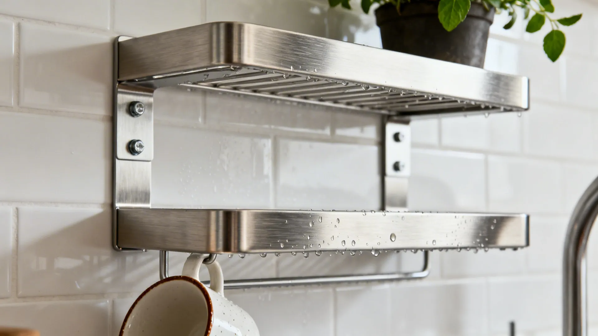 Macro of a brushed stainless shelf bracket and tier with subtle daylight reflections.