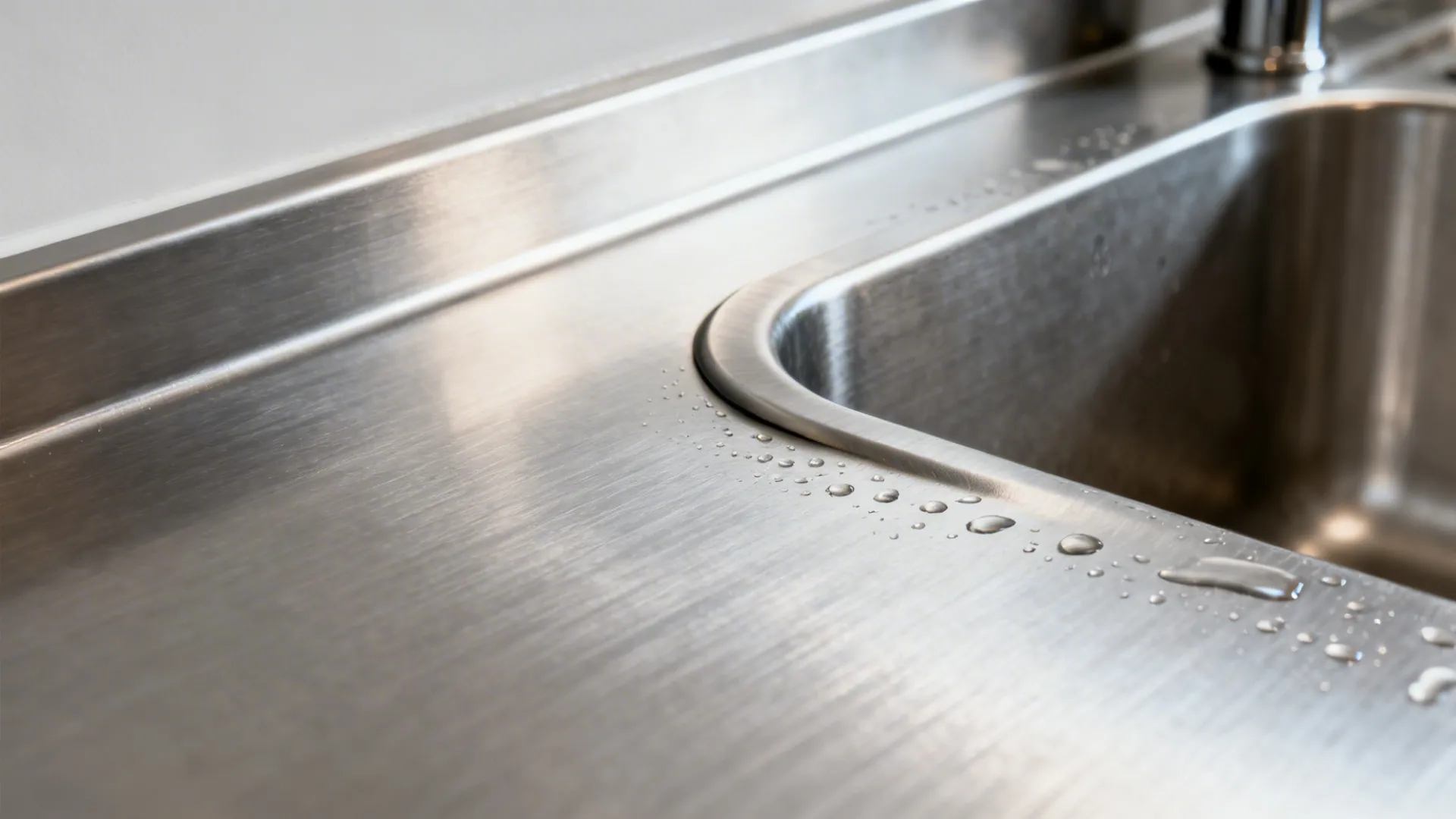 Close-up of brushed 304 stainless countertop with coved edge and rear upstand near a deep sink.