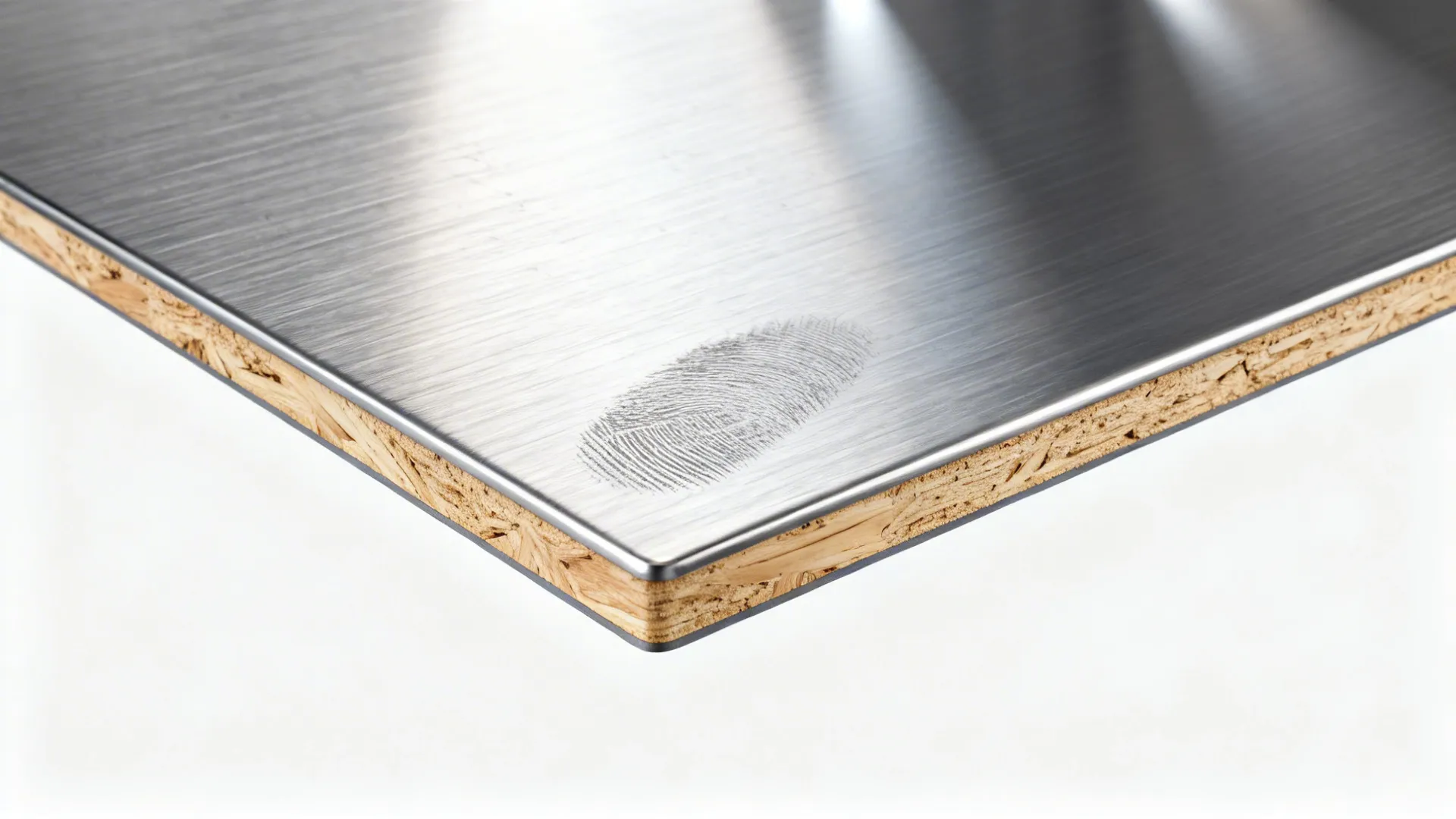 Macro of brushed stainless steel countertop showing fine grain finish.