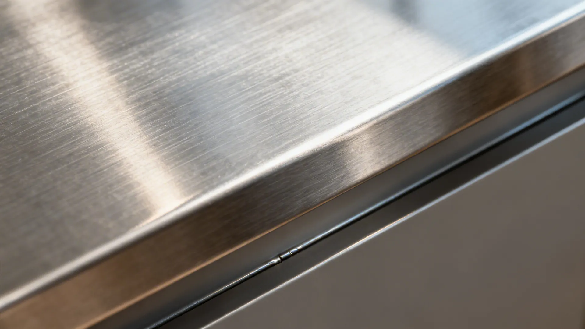 Close up view of a smooth brushed metal kitchen countertop surface with clean silver edge detail