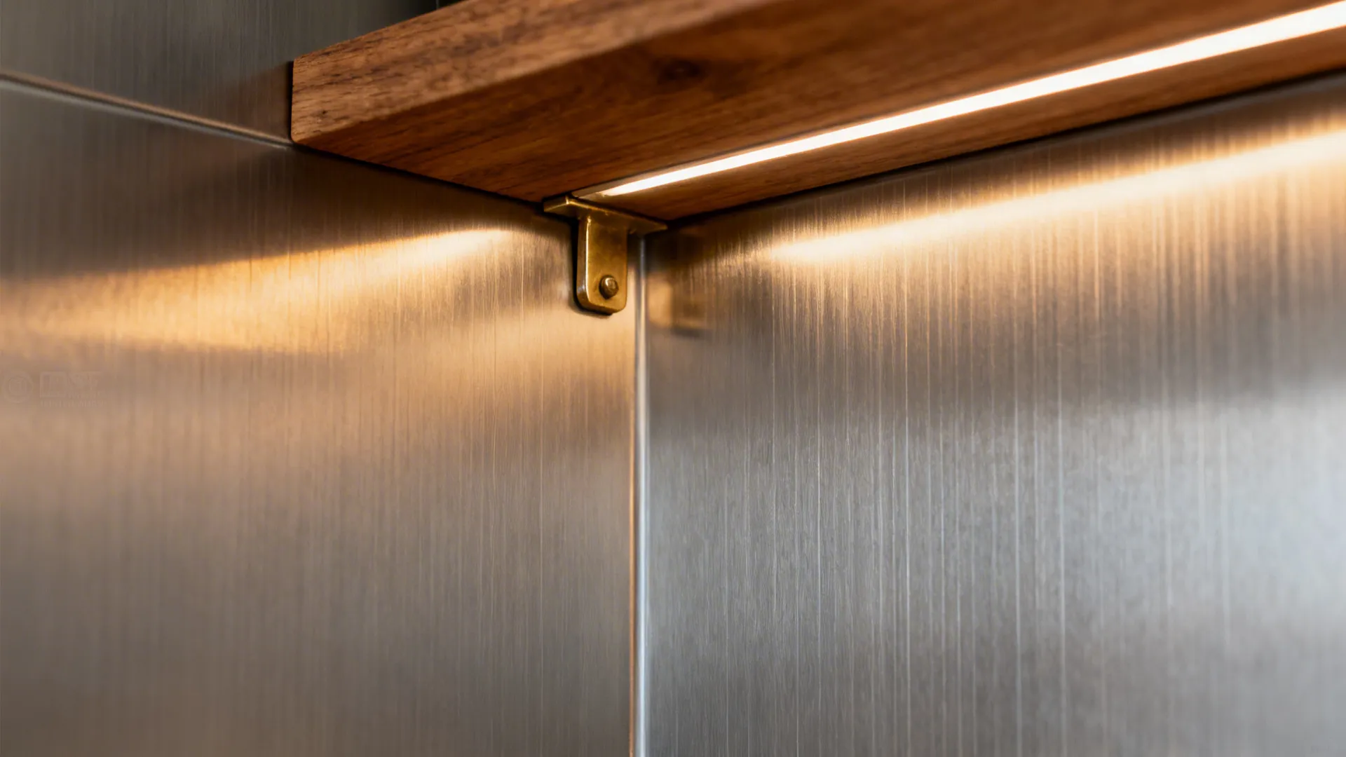 Macro of brushed stainless backsplash with oak and brass detail.