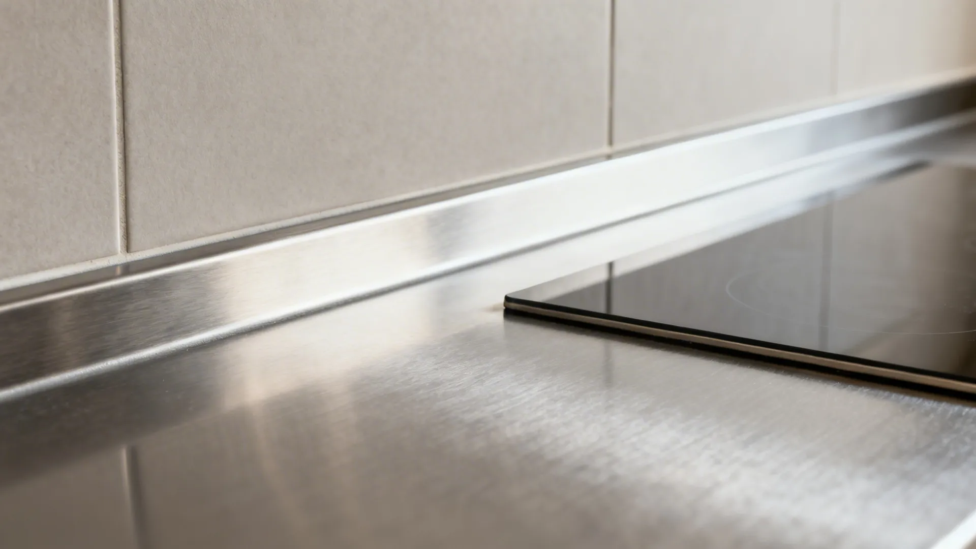 Macro of brushed stainless counter and matte tile seam showing clean, seamless joinery.