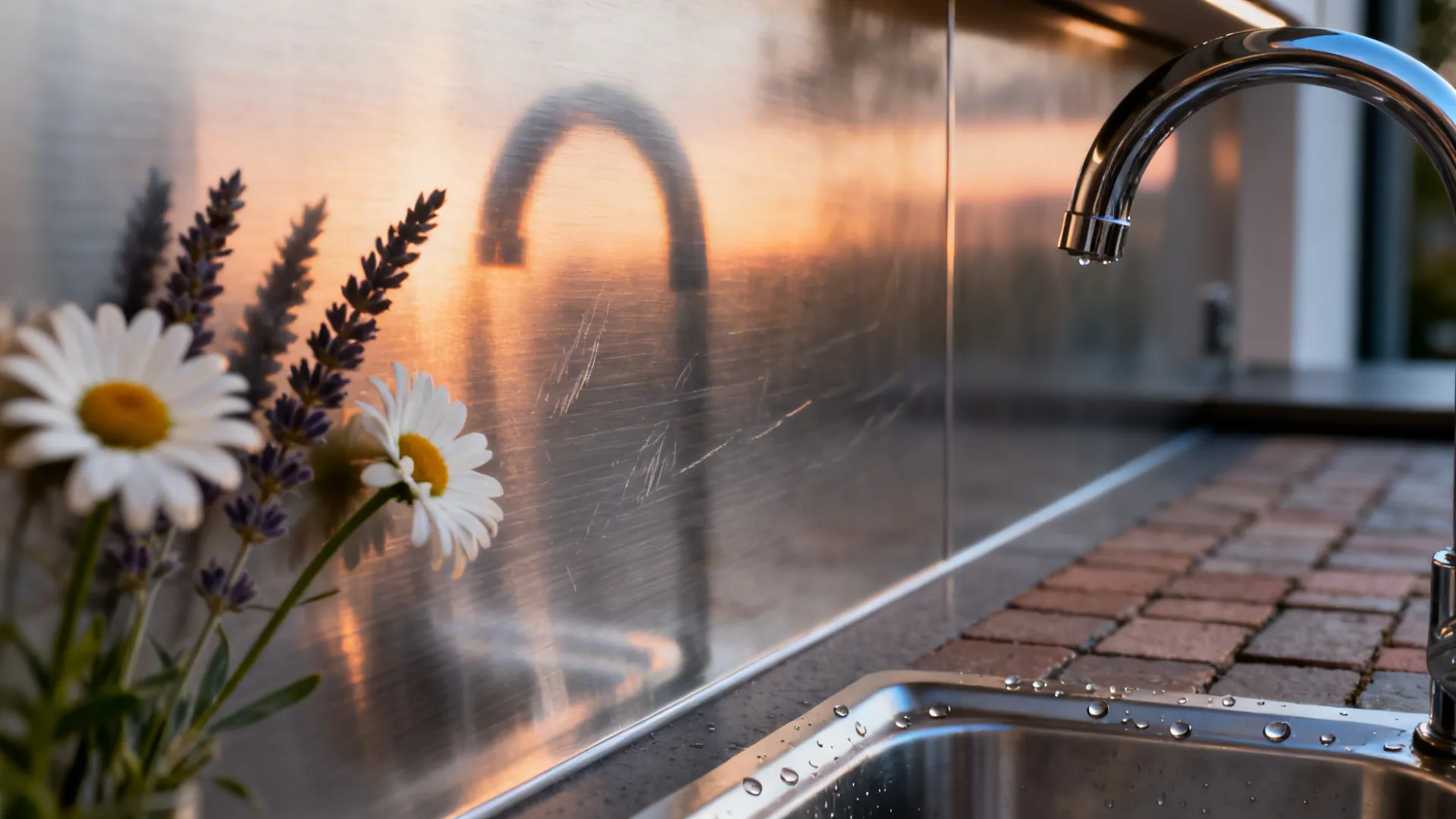Macro of brushed stainless backsplash softly reflecting daisy and salvia blooms at dusk.