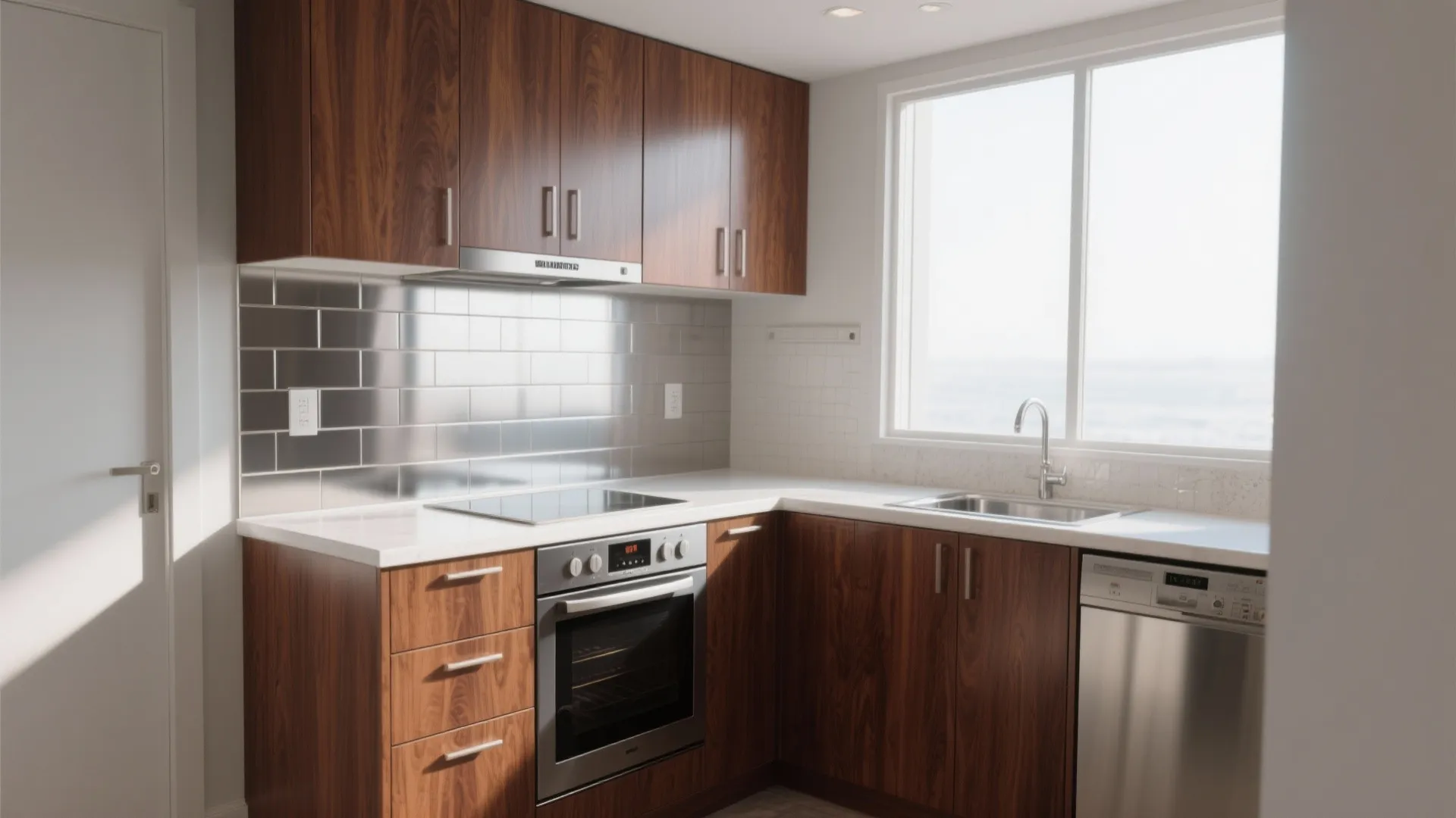 Small kitchen featuring dark wood cabinets silver metal tile wall white countertop and silver oven