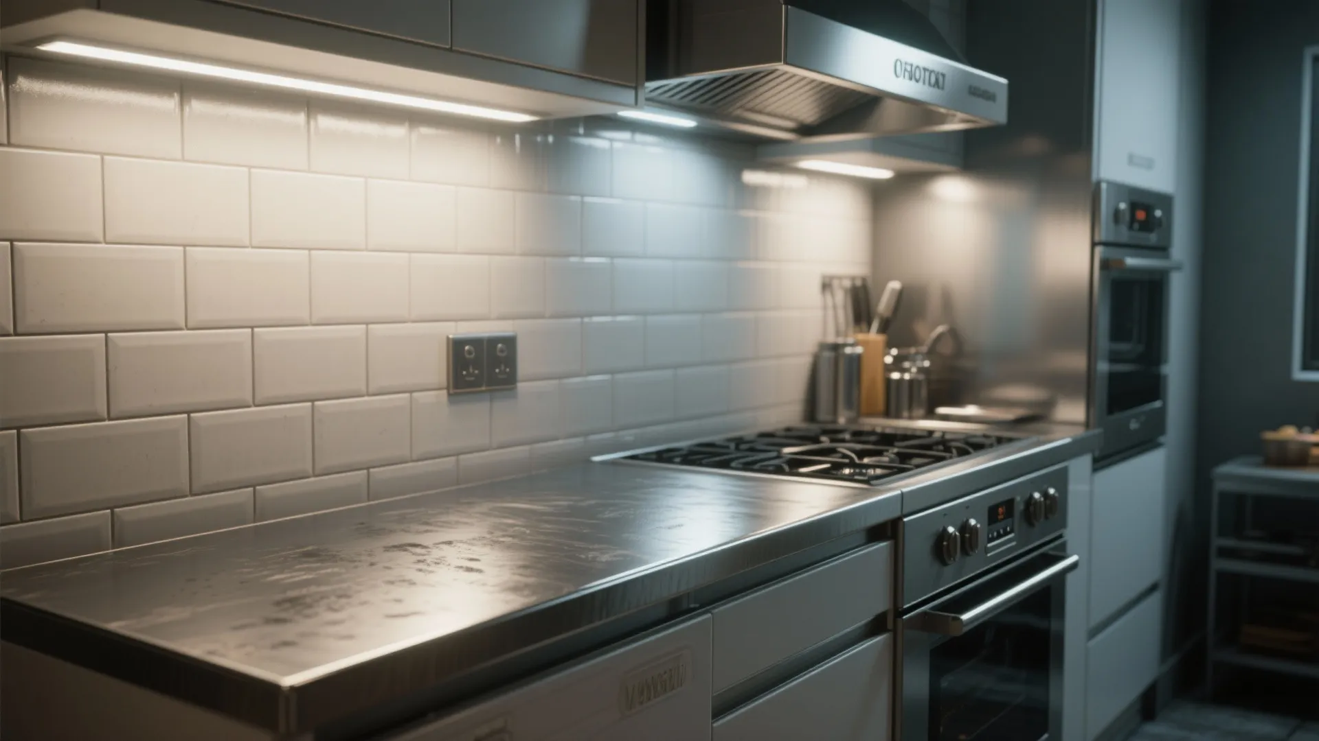 5. Stainless steel countertop + matte subway backsplash