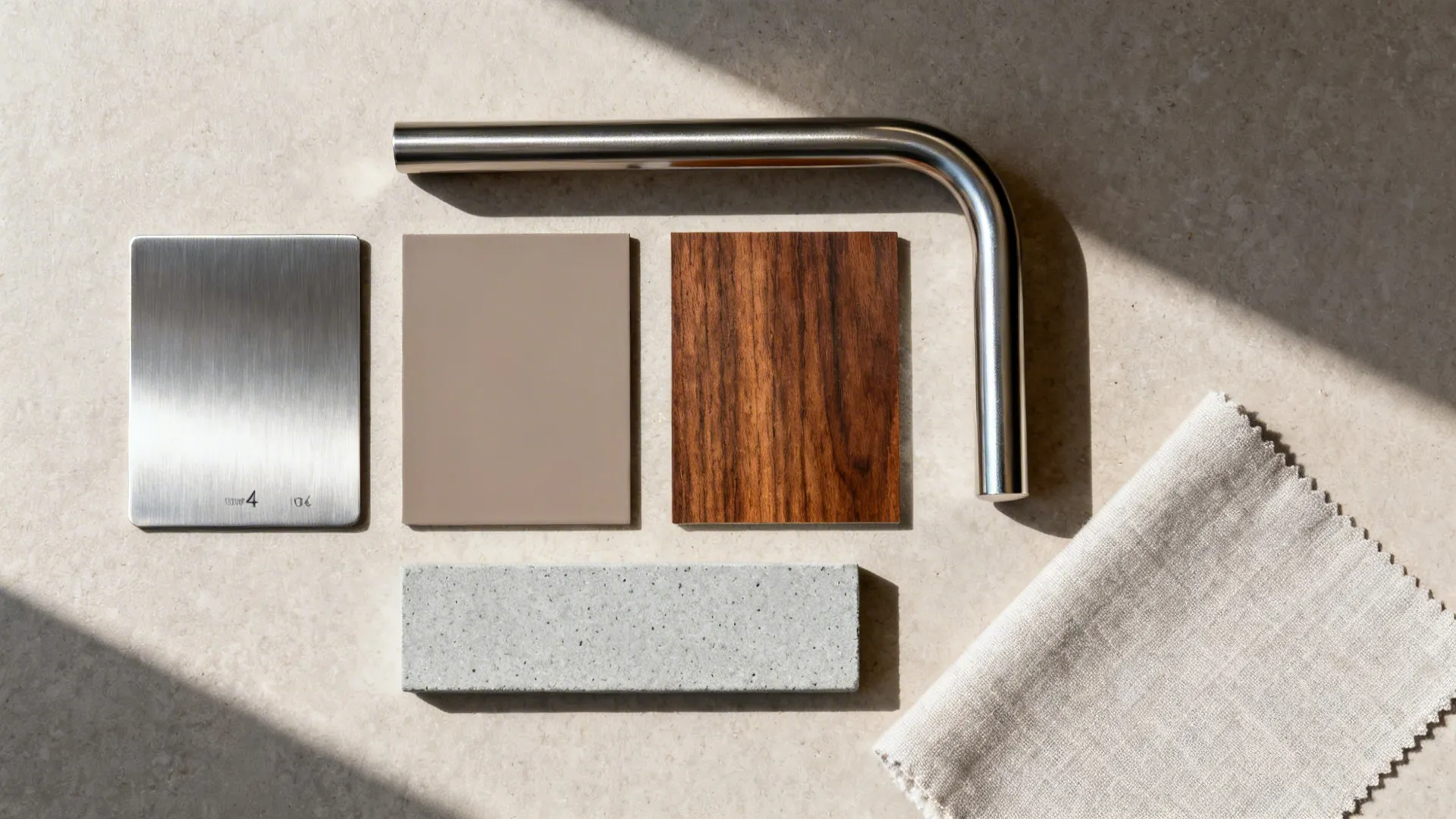 Top-down flat-lay of brushed stainless, matte taupe, walnut, and satin nickel palette.