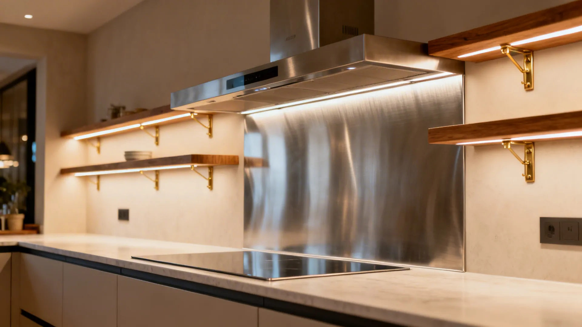 Small kitchen with brushed stainless backsplash, oak shelves, and brass accents.