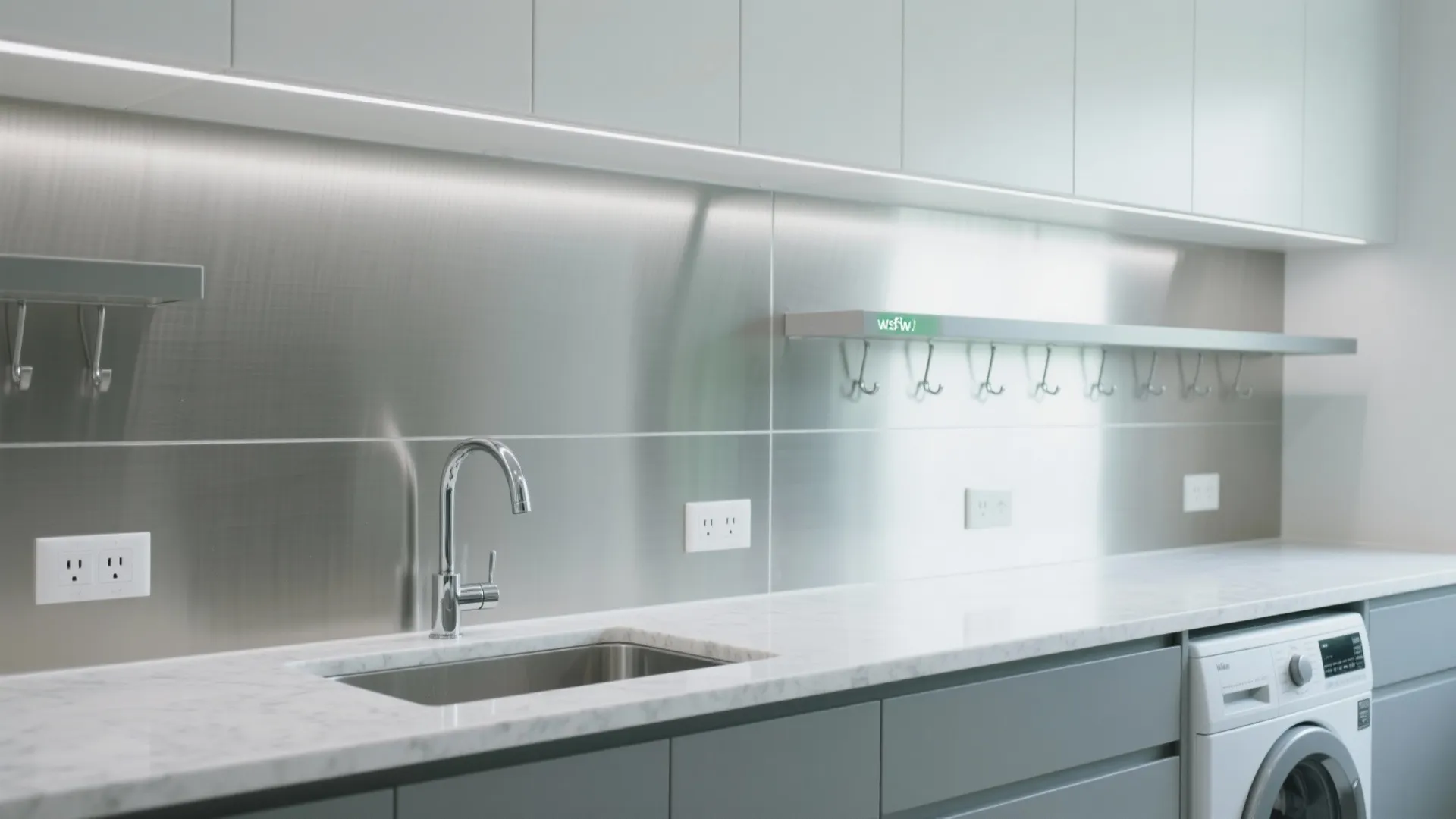 Modern laundry room featuring stainless steel wall panel, white marble countertop, chrome faucet, and washing machine