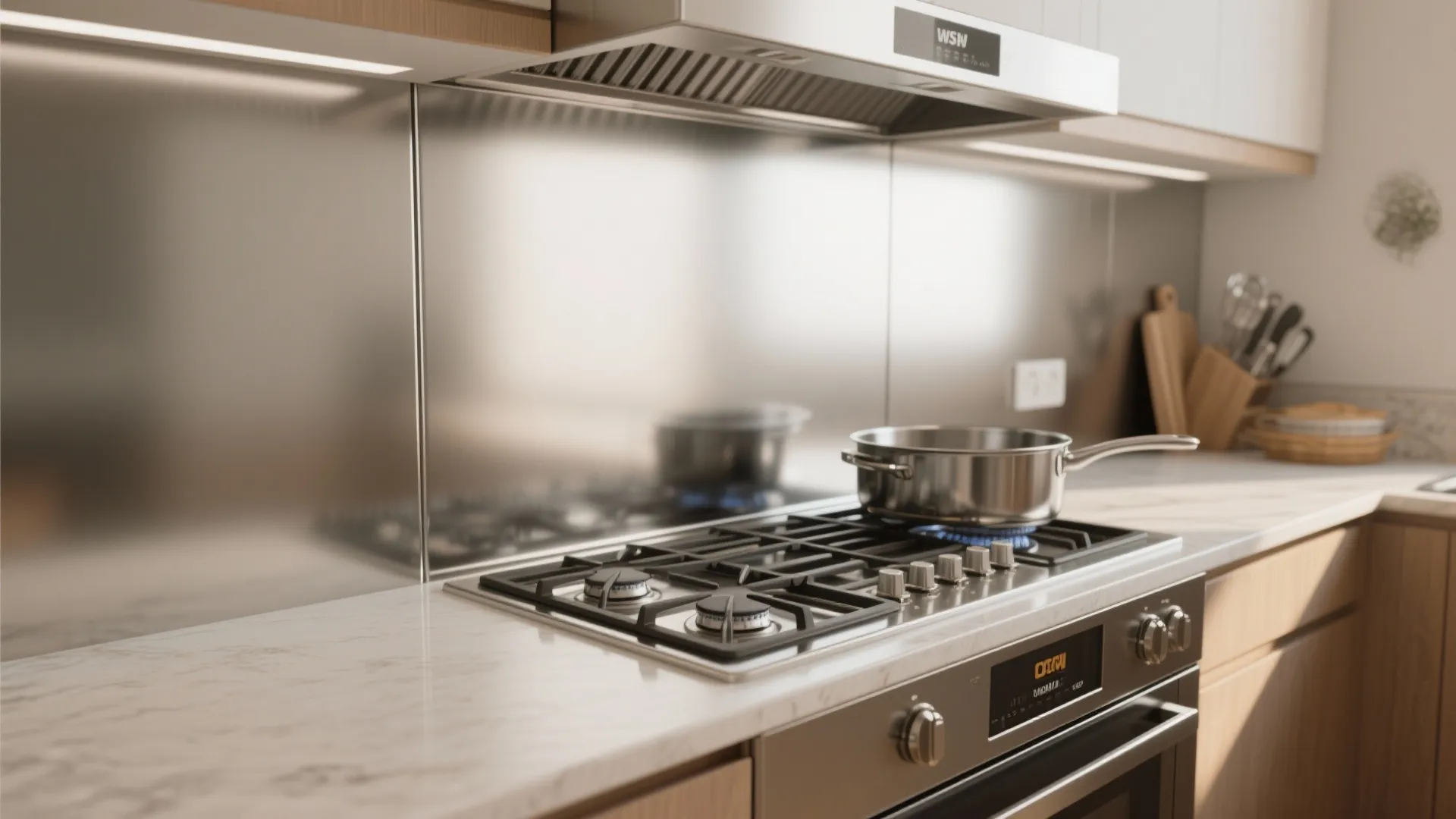 Modern kitchen featuring stainless steel wall panel behind gas stove with a metal pot cooking