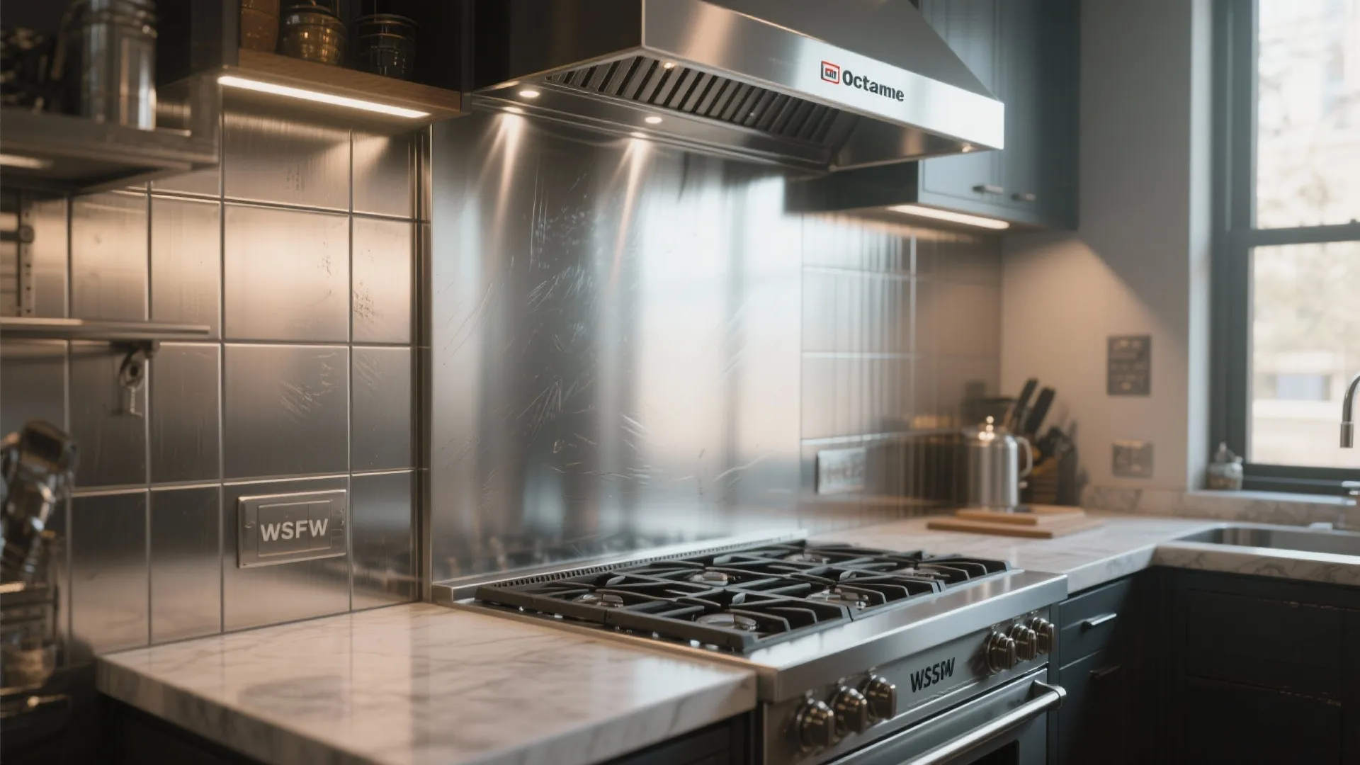 Brushed stainless steel panel backsplash behind a stove in a compact kitchen with industrial accents.
