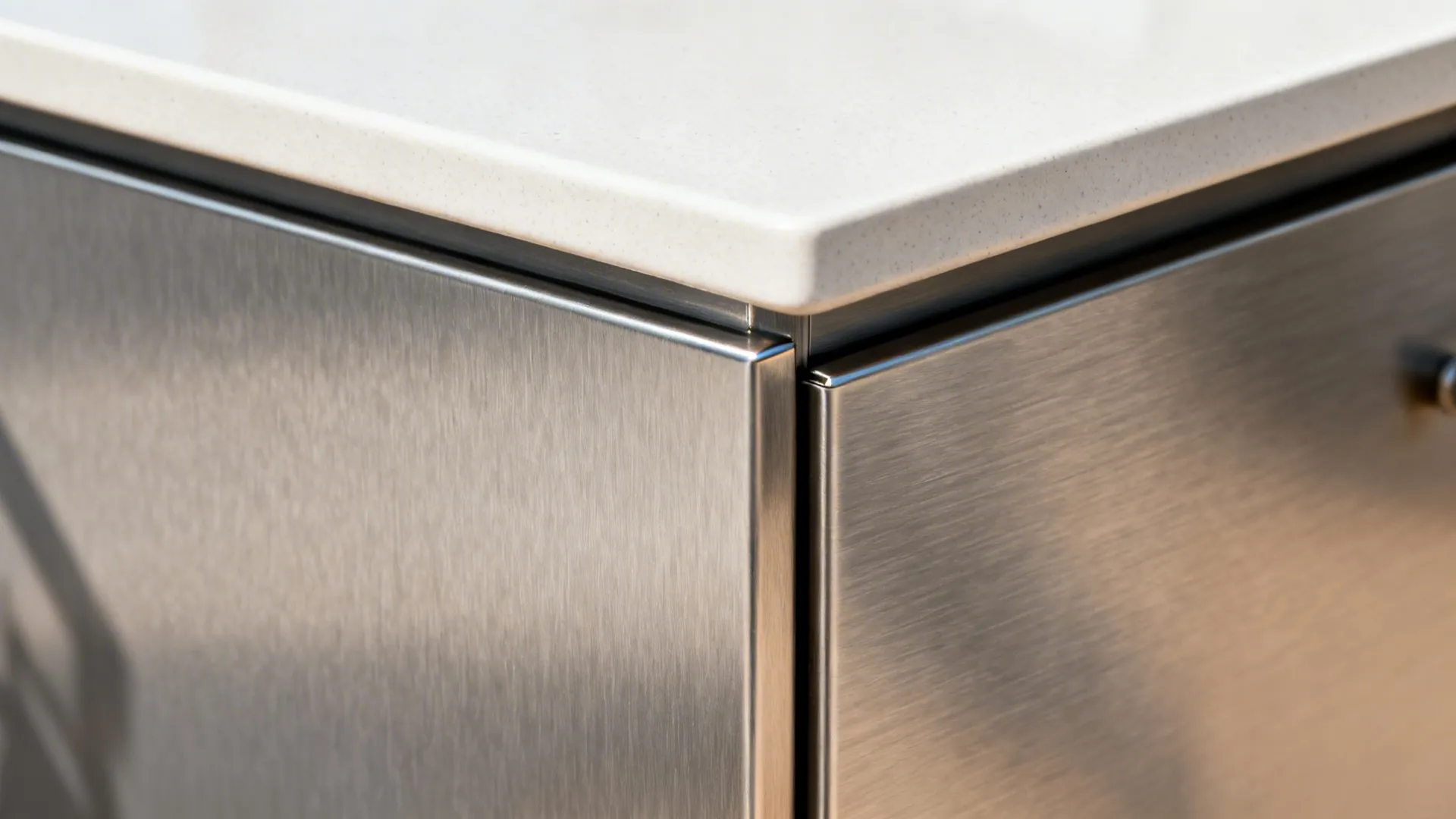 Macro detail of brushed stainless next to a matte porcelain counter edge in soft daylight.