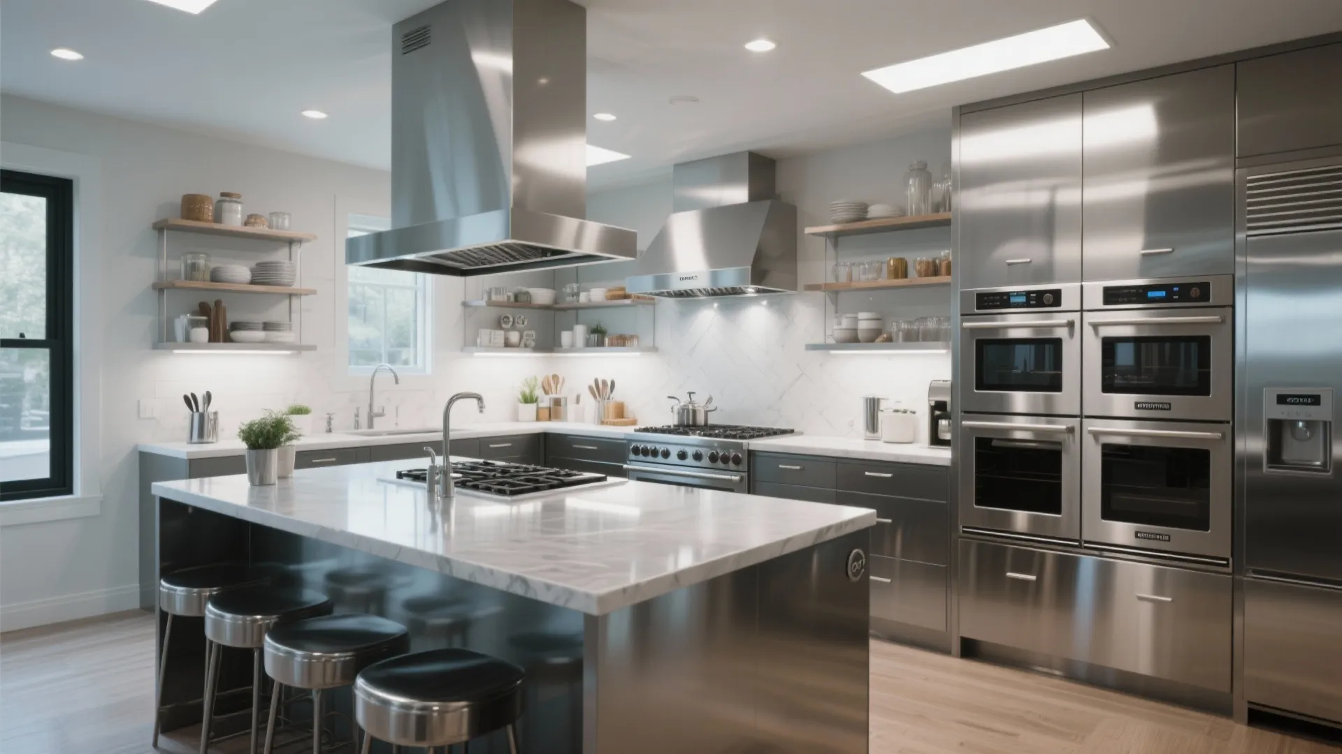 Professional kitchen design with stainless steel appliances marble island breakfast bar and industrial style vent hood