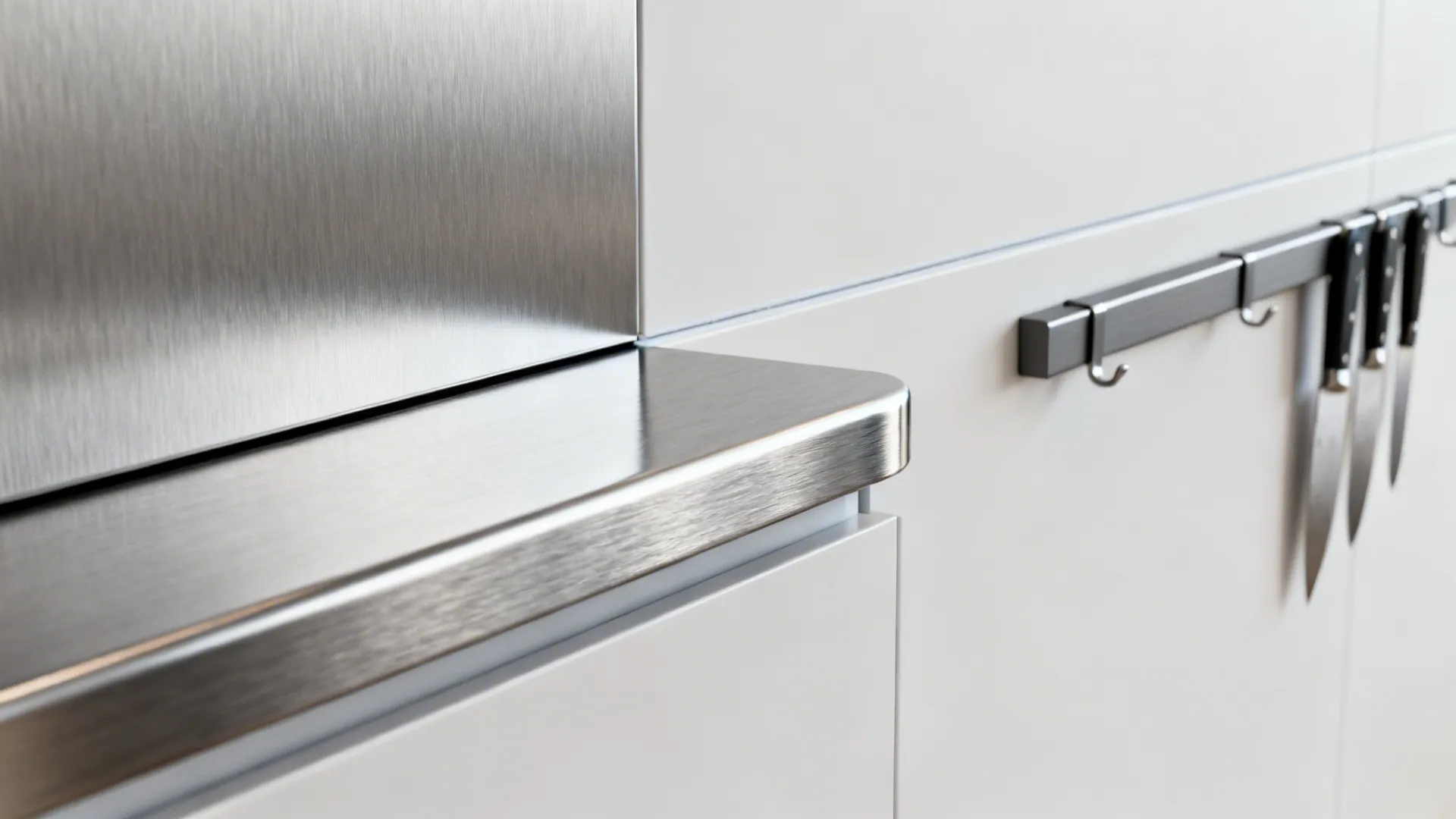 Close up of stainless steel countertop edge and white cabinets with knives on magnetic rack