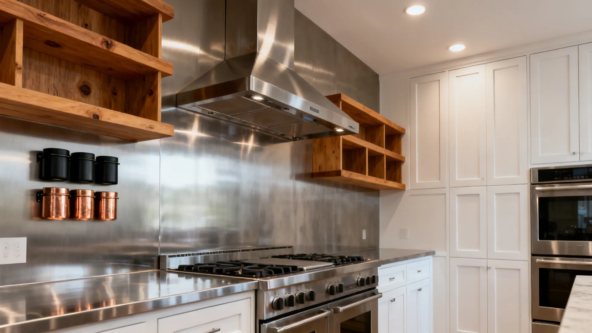 Modern kitchen with stainless steel wall range hood wooden shelves and tall white storage cabinets