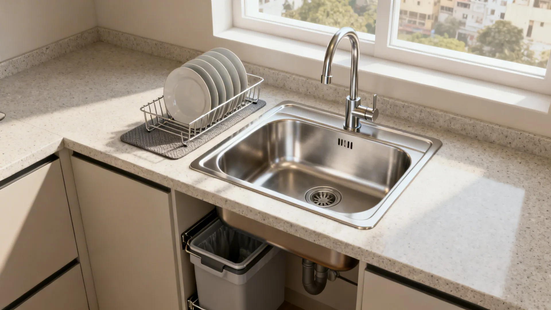 Single-bowl stainless sink with rear drain and slim drainer in a compact Indian kitchen.