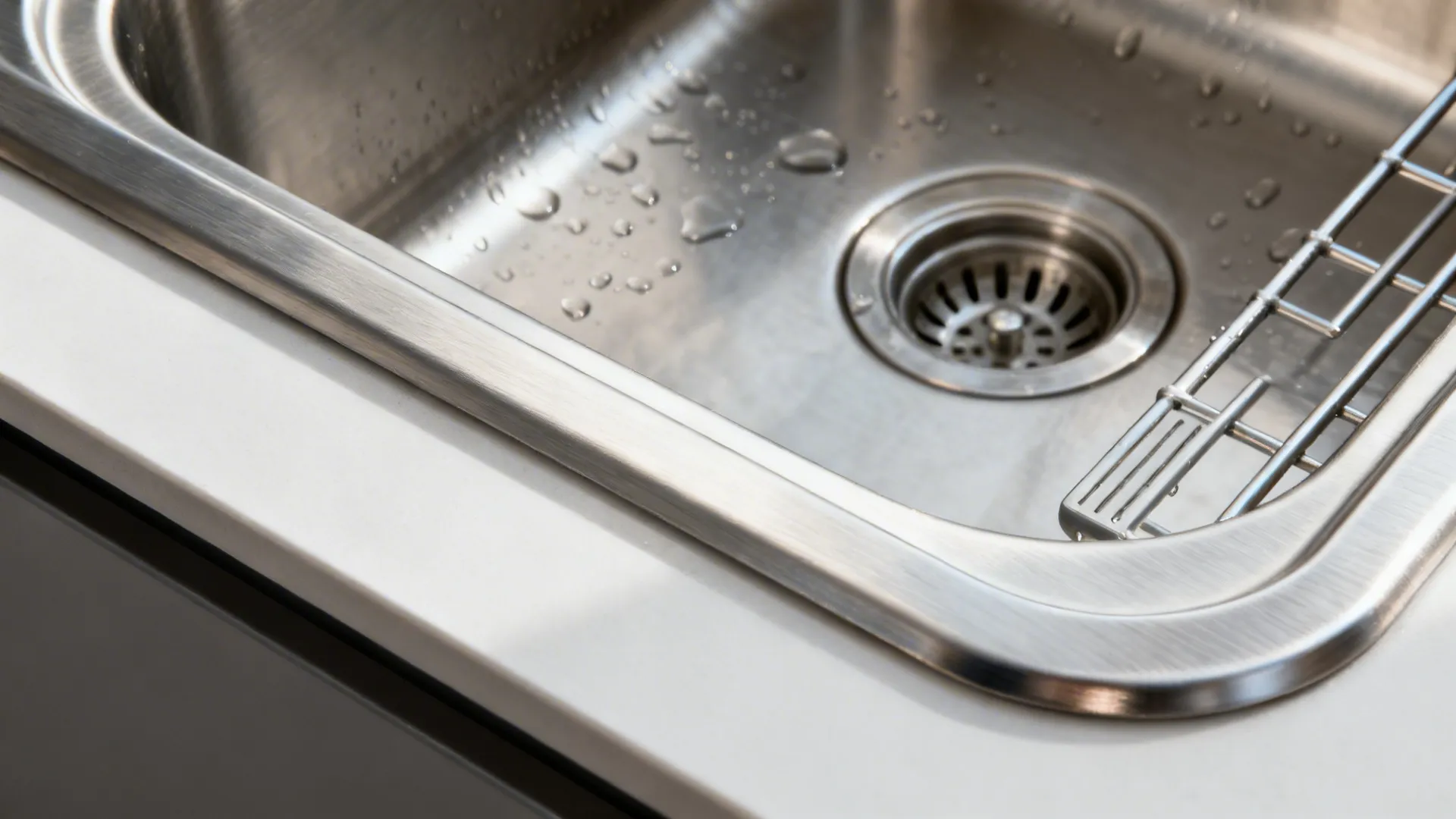 Macro detail of 304 stainless sink with rear drain and slim drainer textures.