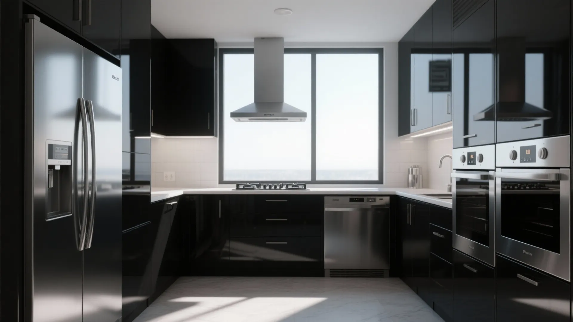 Modern black kitchen with stainless steel appliances large window hood fan and white marble floor