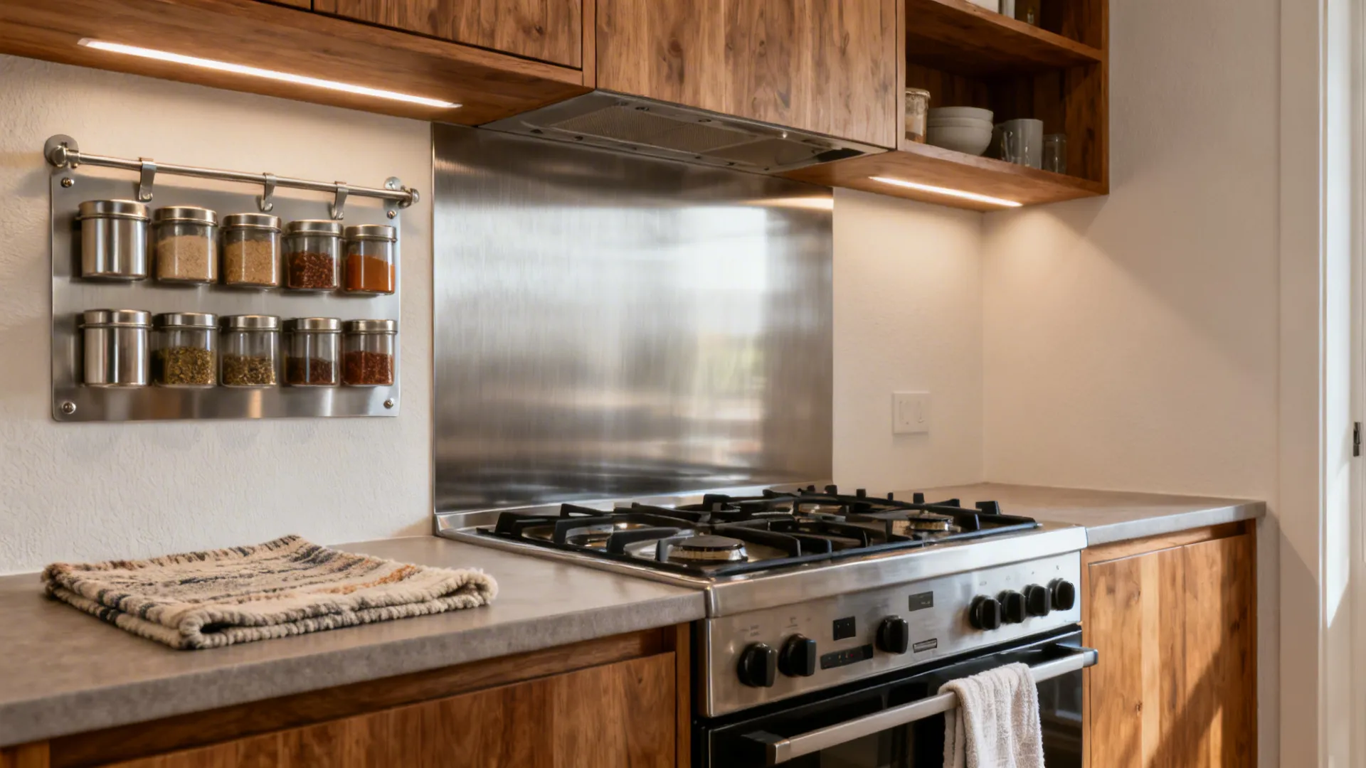 Compact kitchen with brushed stainless splashback behind the range, warm wood accents, and balanced lighting.
