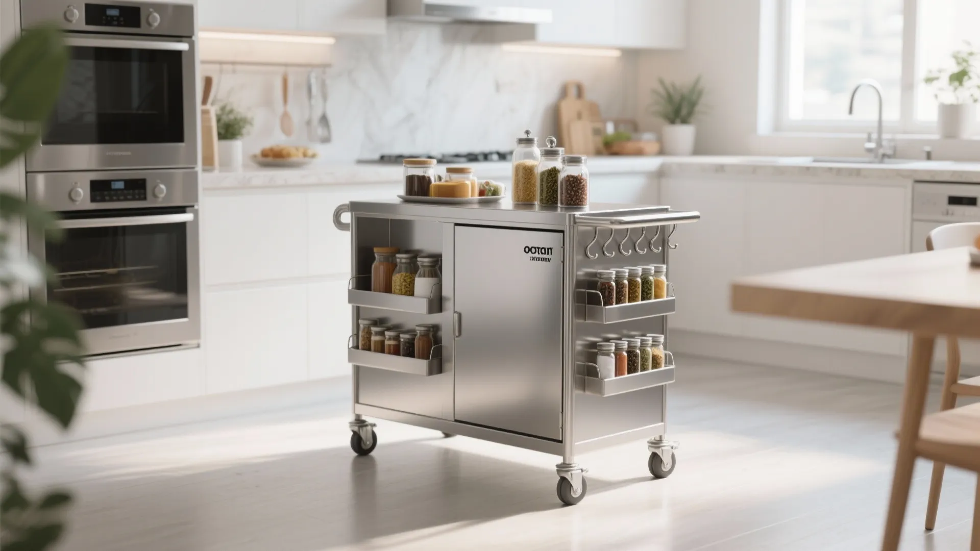 Stainless steel kitchen cart on wheels holding spice jars and bottles in a bright white