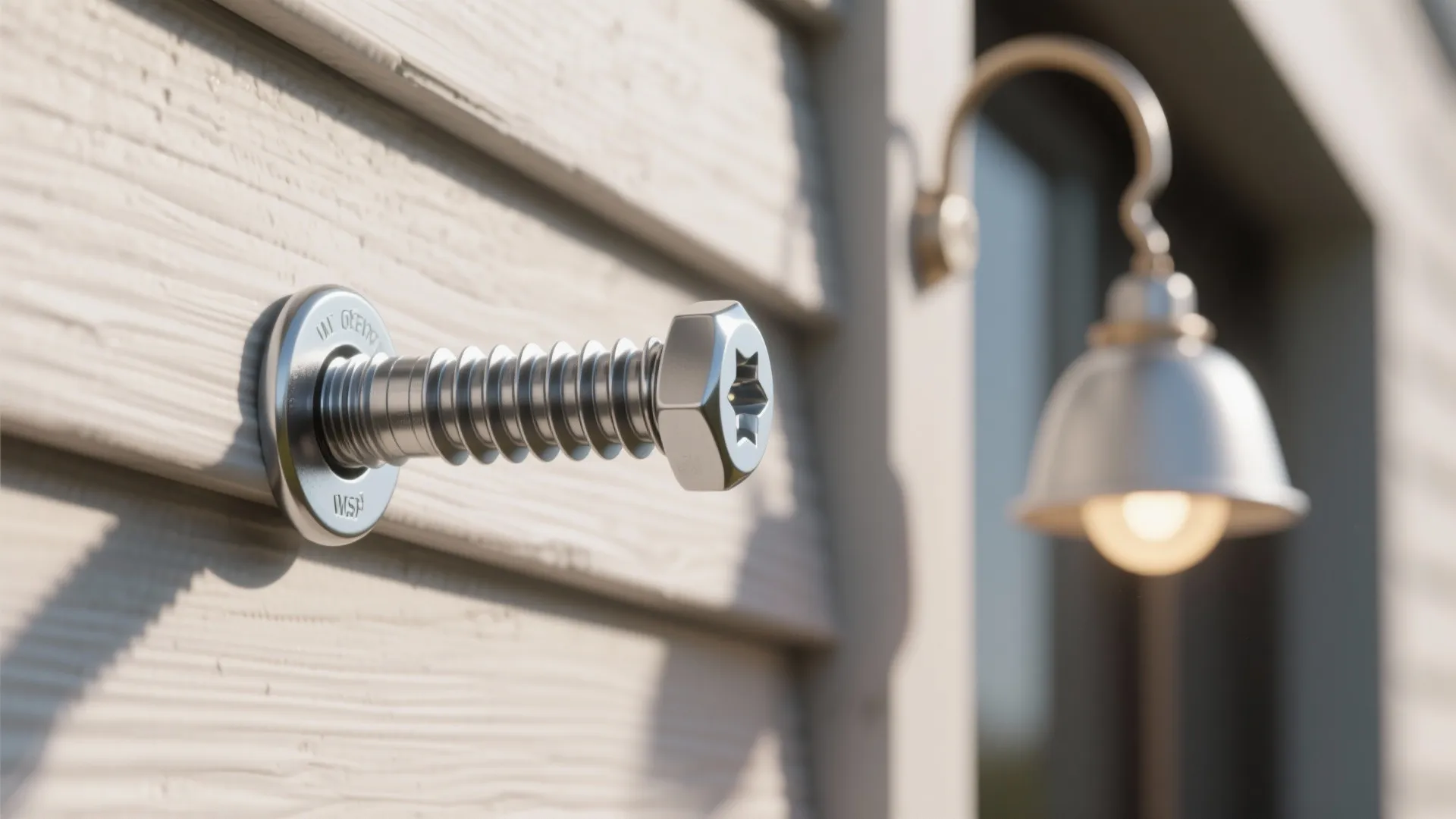 Close up of a metal screw fixed into outdoor wall siding with light fixture background