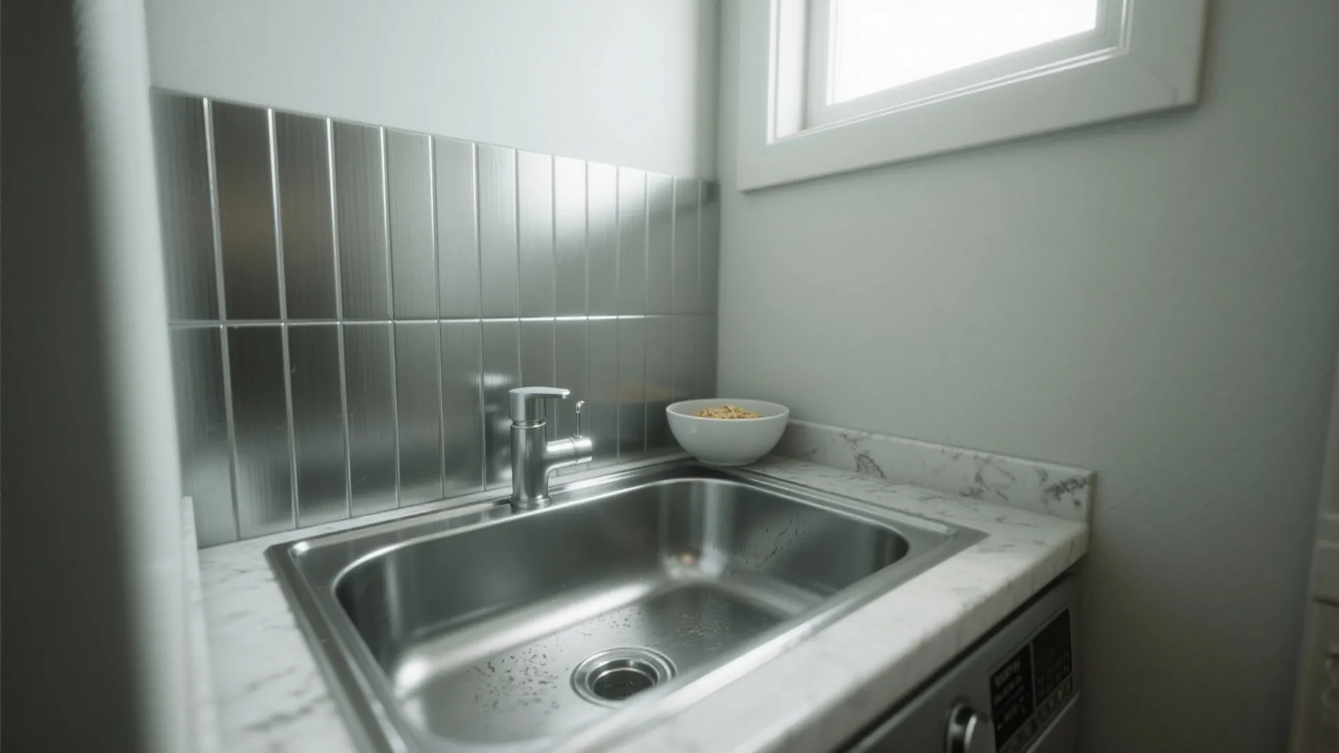 Small kitchen area with stainless steel sink marble countertop grey wall panels and a window