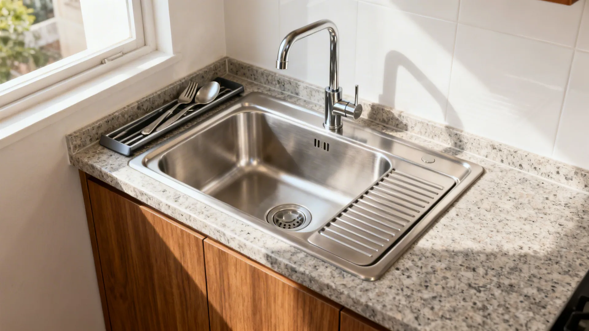 Brushed stainless-steel sink with slim drainboard on a compact quartz counter.