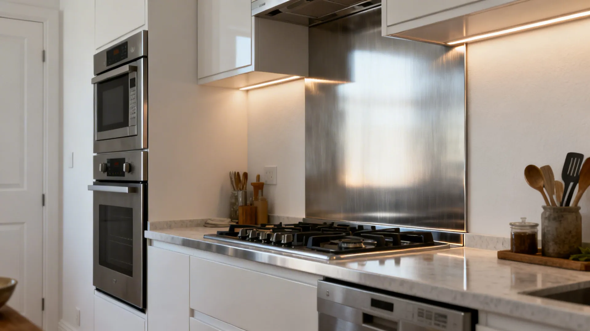 Modern white kitchen featuring stainless steel wall panel behind a gas stove with built-in oven