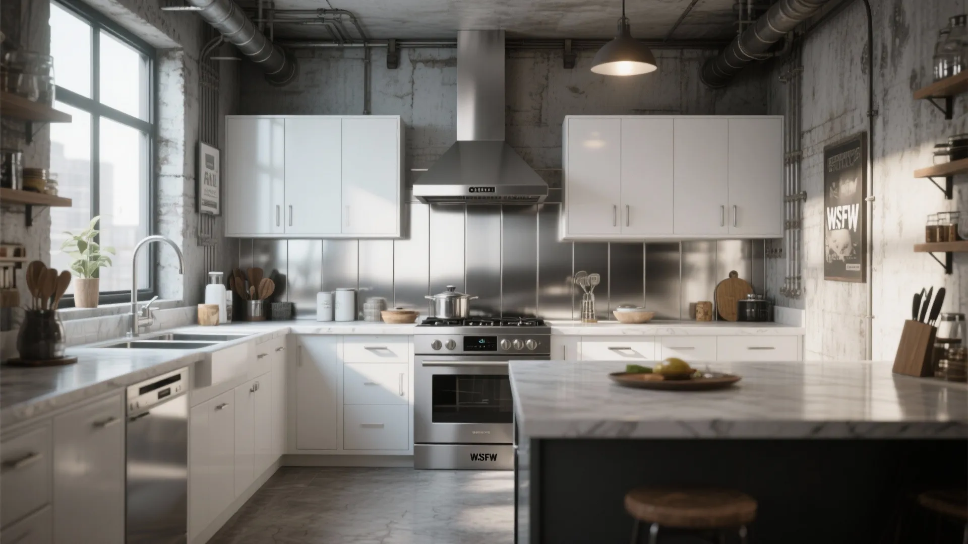Industrial kitchen with stainless steel splashback